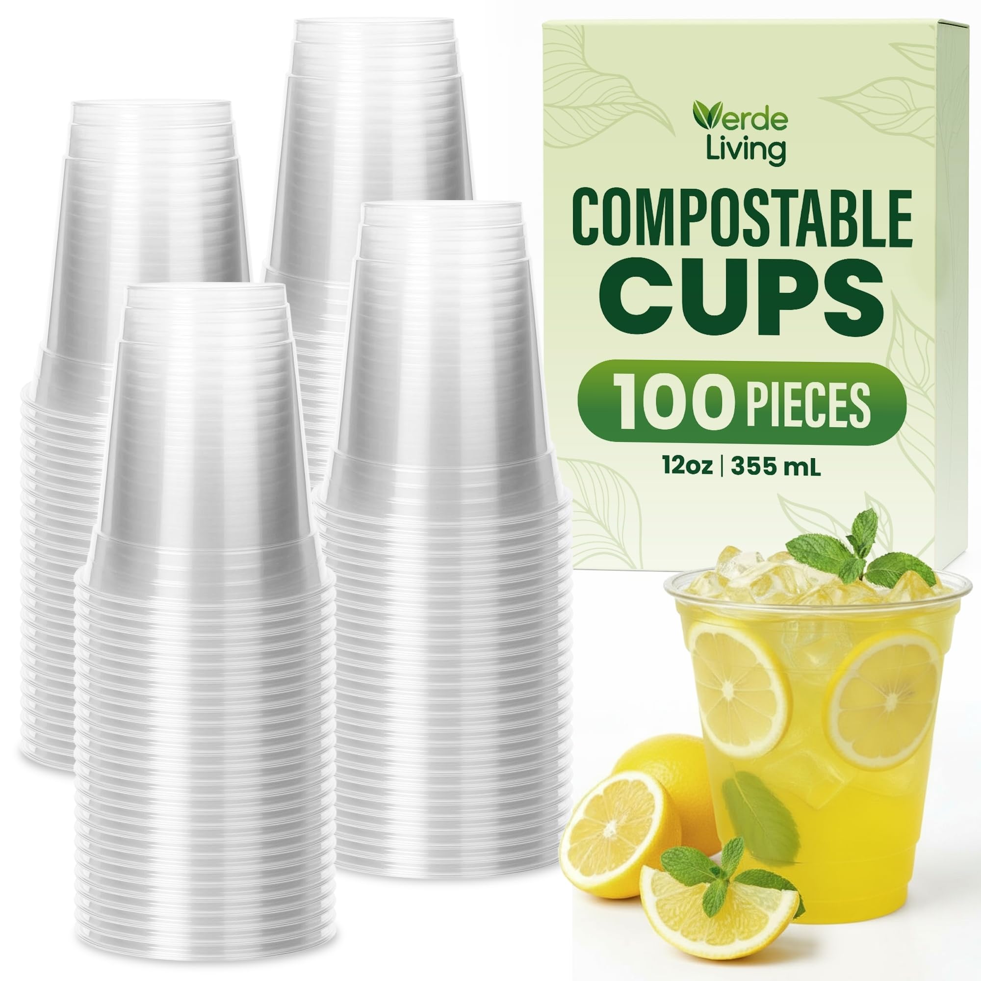 Biodegradable Compostable Cups 12 oz - 100 Pack Drinking Disposable Cups for Parties Events - Durable Disposable Drinkware