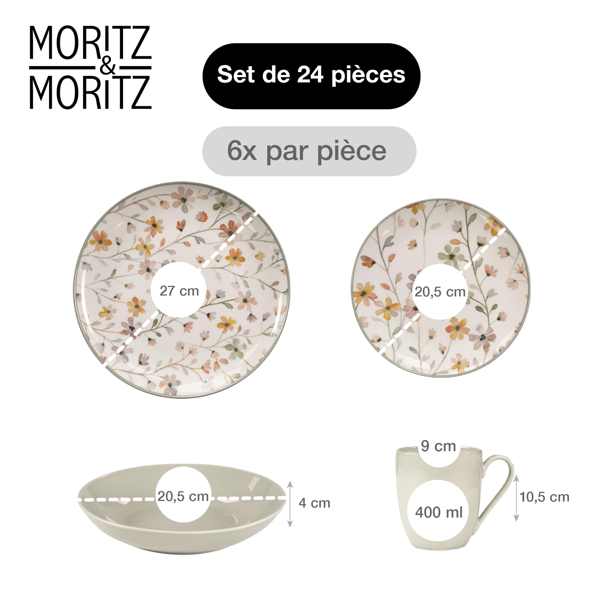 Moritz & Moritz PRIMAVERA Vaisselle en Grès 6 Personnes 24 Pièces - Service de Table Moderne avec Design Ludique, Service à Café Facile à Entretenir avec Ensemble d’Assiettes, Bols & Tasses - Service