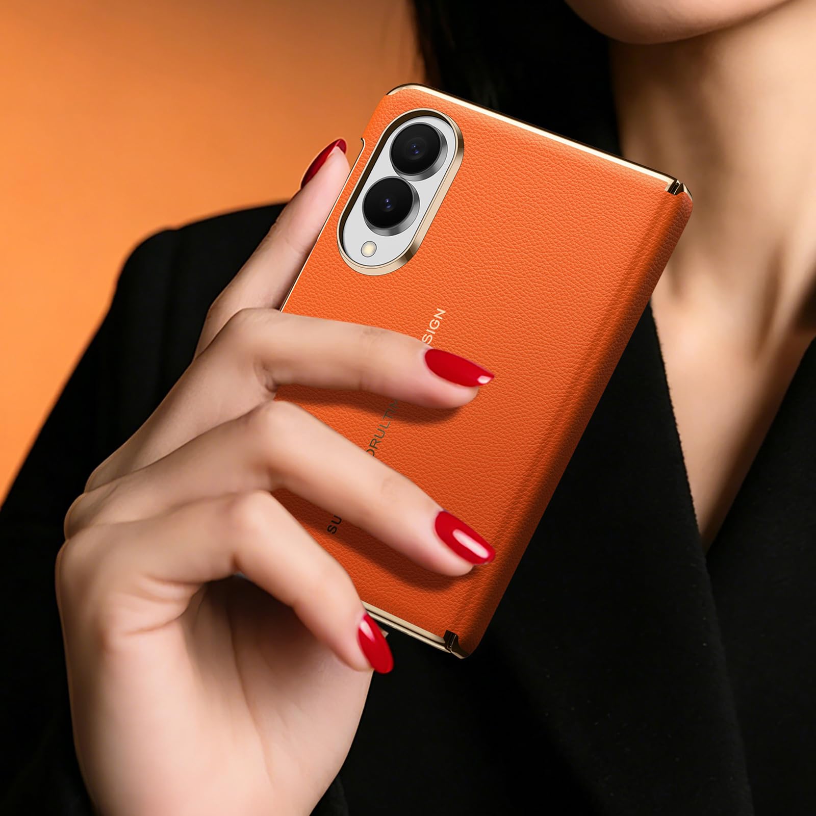 Custodia Magnetica For Samsung Galaxy Z Fold 8, Con Copertura Protettiva For Obiettivo Con Cerniera Custodia In Vera Pelle Elettrolitica Di Lusso Da Lavoro(Orange)