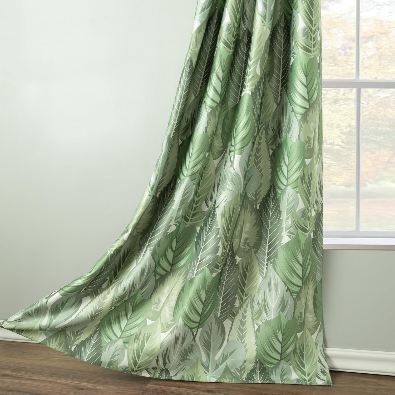 Leeva Green Leaves Velvet Window Curtains for Bedroom, Farmhouse Printing Room Darkening Grommet Top Decorative Drapery for Office, 2 Panels, 52 x 63
