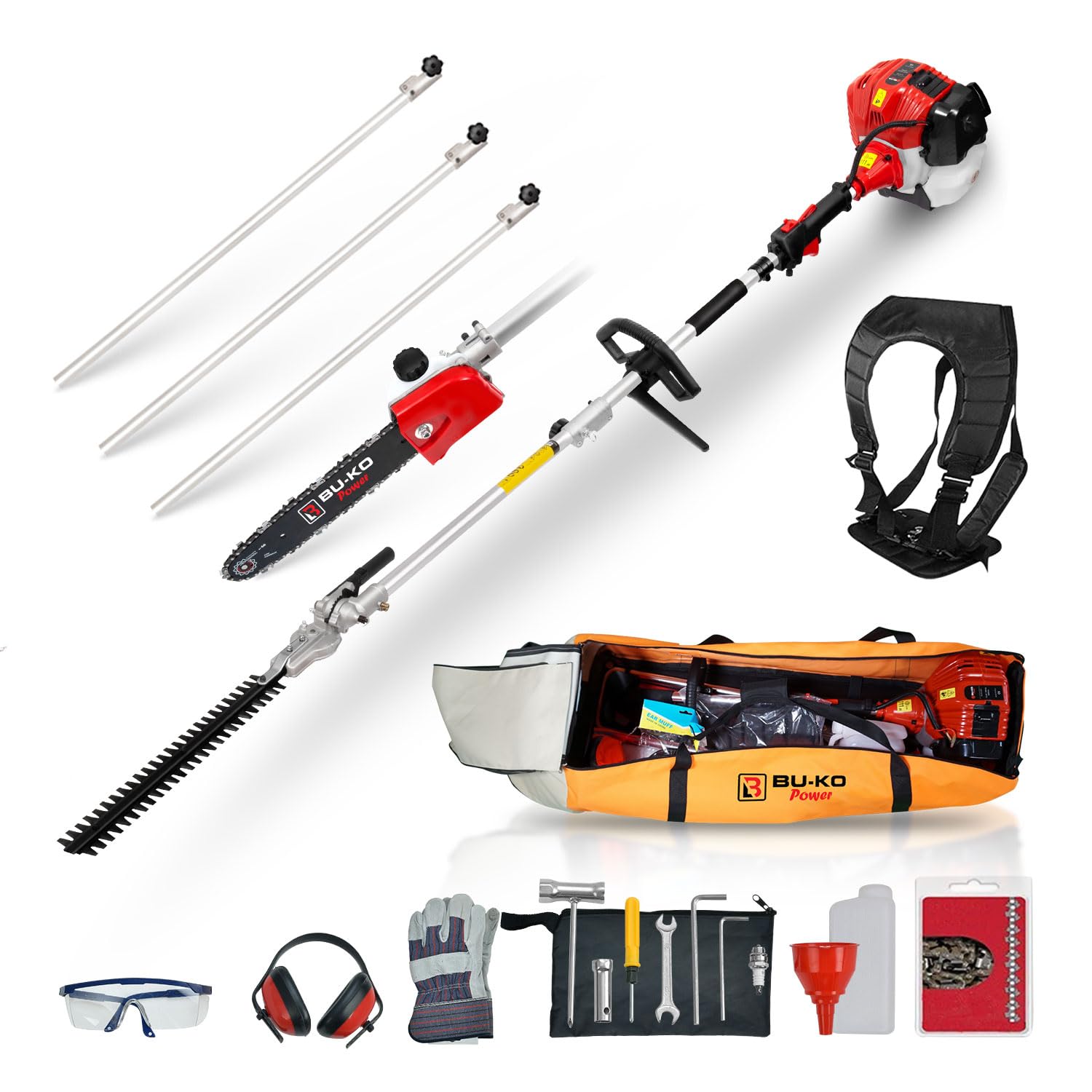 BU-KO 52cc Long Reach Petrol Hedge Trimmer and Pruner Saw with 3x 75cm Extension Pole and Toolbag for Convenient Storage, Ultimate Garden Tool for Precision Cutting, Trim Hedges and Prune with Ease