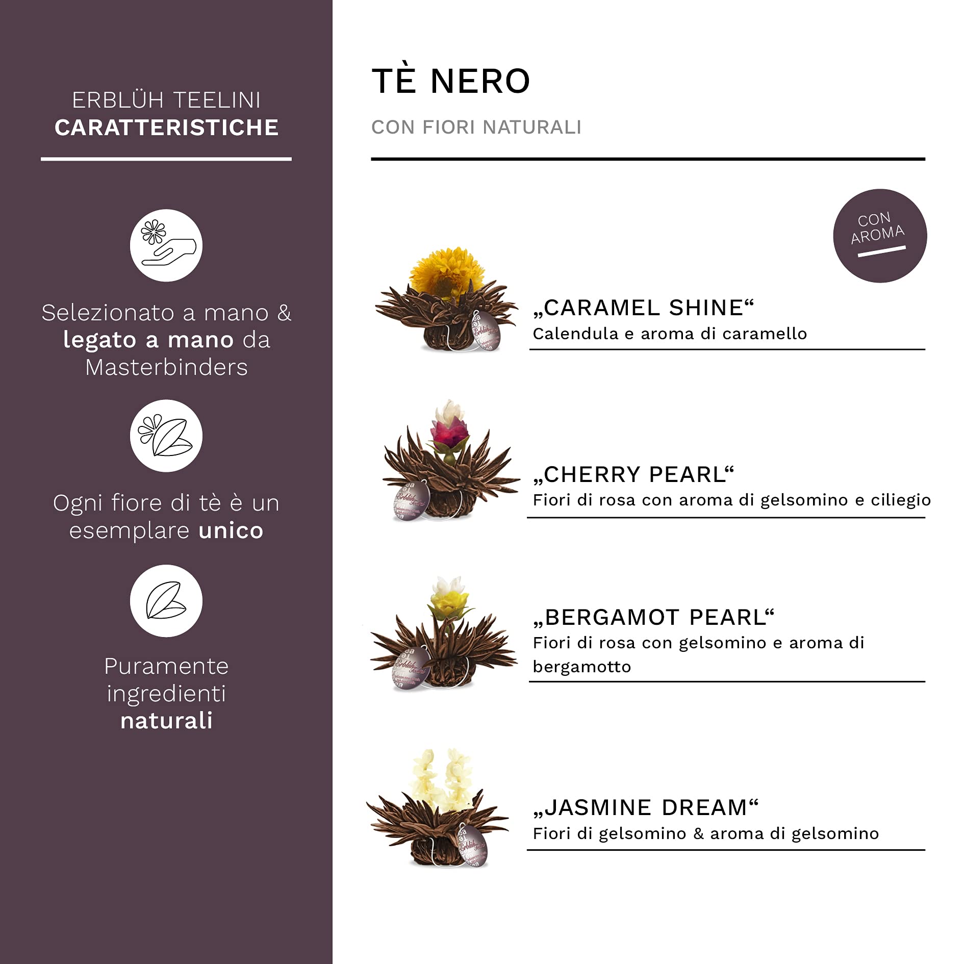 Creano Set Regalo Fiori di Tè Nero "Tèlini" in Tazza – 12 Tè Fiorito in 4 Tipi Diversi in Elegante Scatola di Legno – Perfetto per Regalo e Degustazione