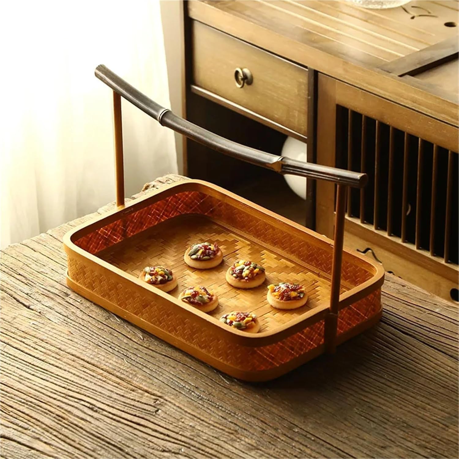 Handmade Bamboo Basket With Handle, Chinese Vintage Style Woven Storage Box, Lacquer Finish, Portable Fruit Or Tea Serving Basket(2)