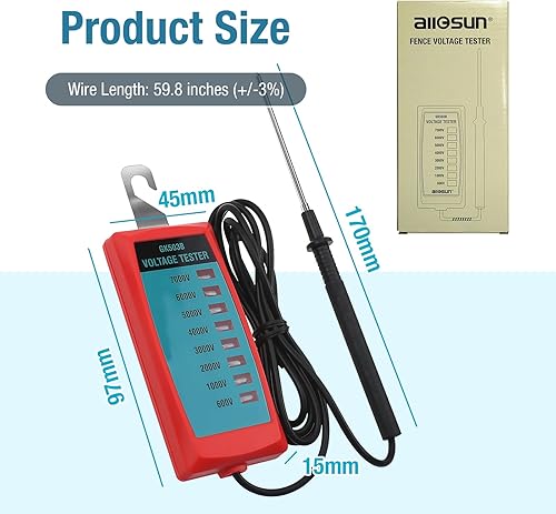 Miniatura 7 de ALLOSUN GK503B Neon - Probador de voltaje de valla eléctrica máximo de 7 kV rojo