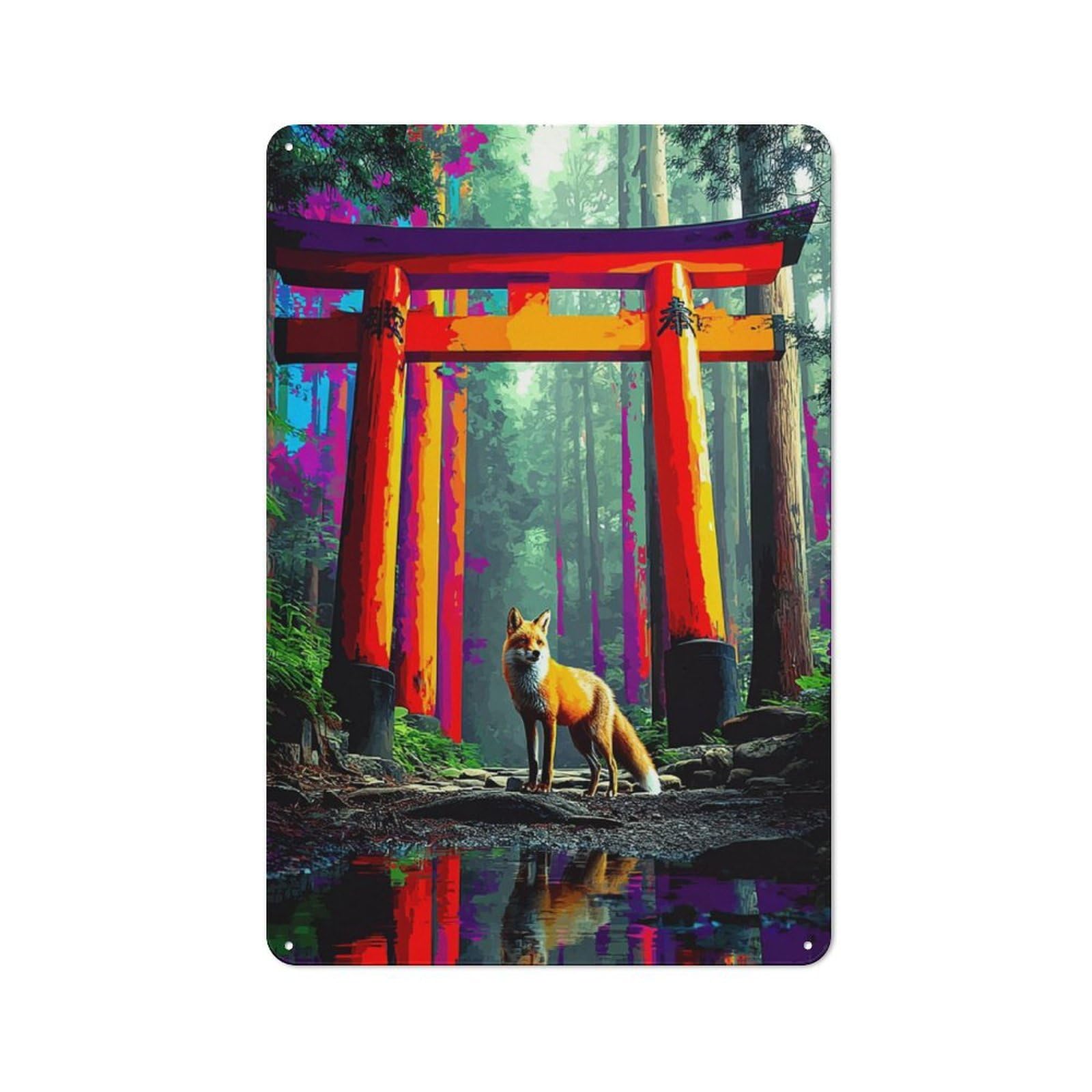 Junmoney Fox At The Torii Gate -2 Farmhouse Metal Sign With Design 30X20cm, Rustic Rustic Kitchen Decor For Dining Room, Cafe, Entryway Or Family Room