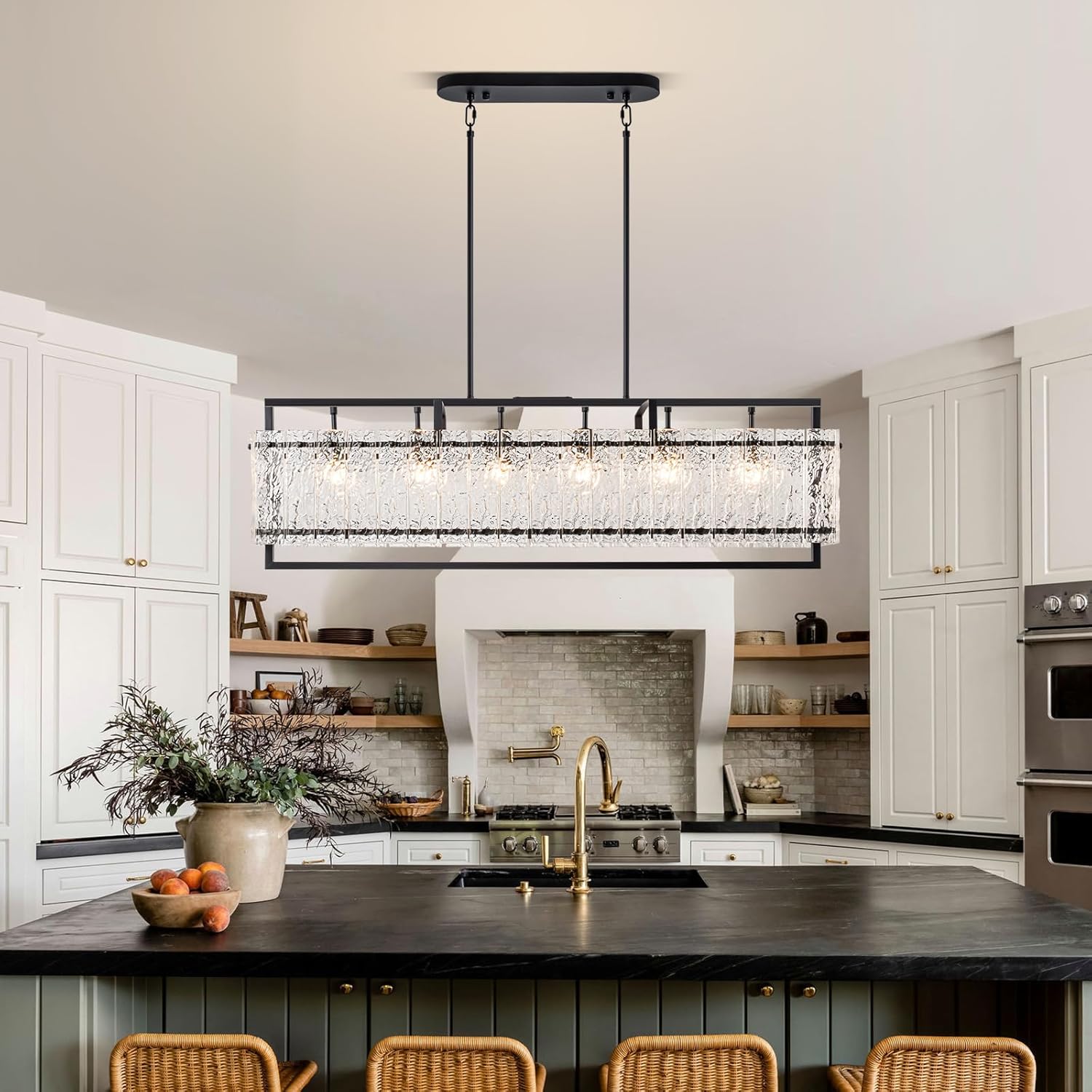 Modern Rectangle Black Crystal Chandeliers for Dining Room, Water Ripple Glass Island Light Fixture, 40.5" Large Linear Farmhouse Lighting for Kitchen Island, Living Room