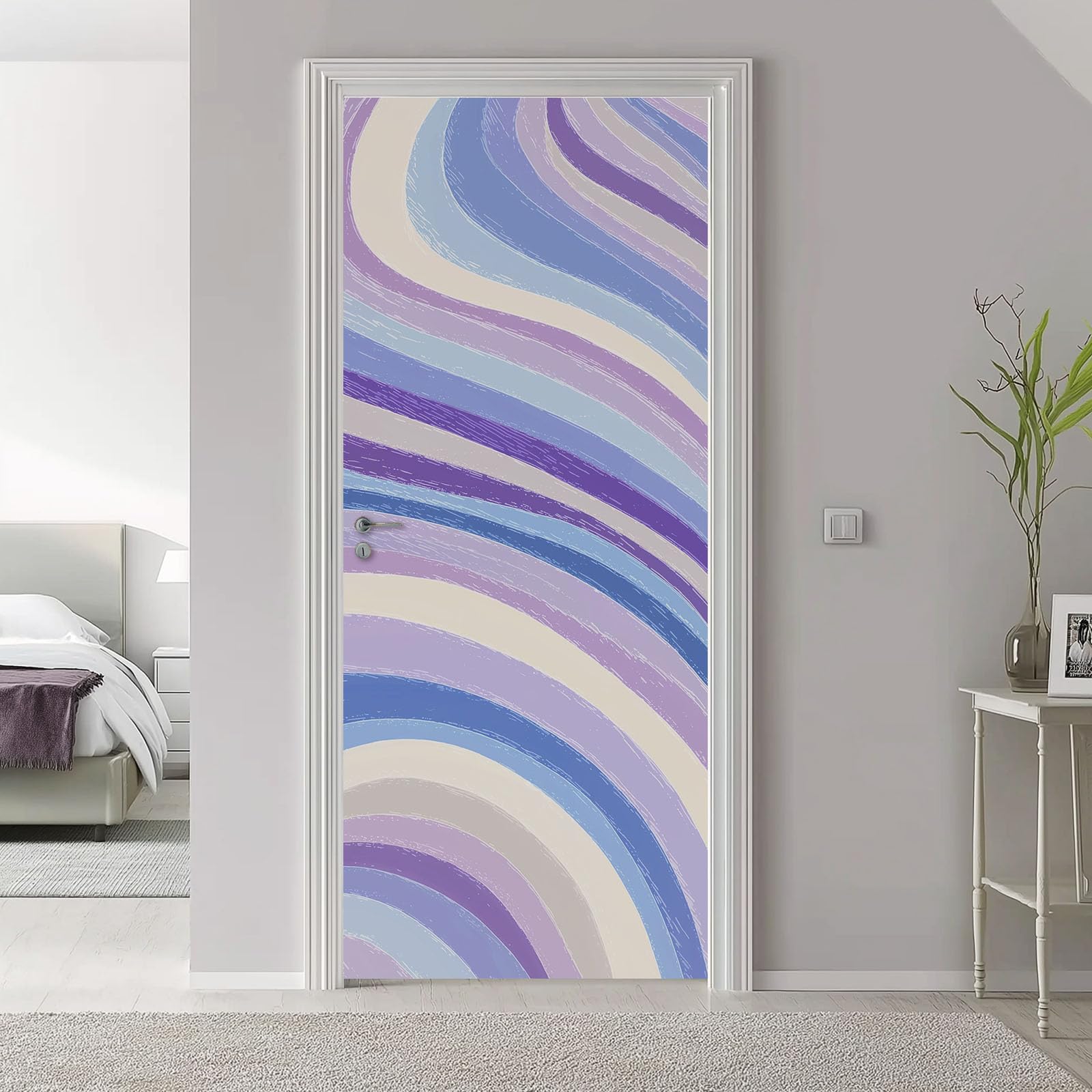 Samoprzylepna winylowa naklejka na drzwi, 80 x 210 cm, lawendowe abstrakcyjne paski, usuwalna tapeta, sztuka, plakat na drzwi, proste fale, linie, wodoodporna naklejka na drzwi do sypialni, gabinetu