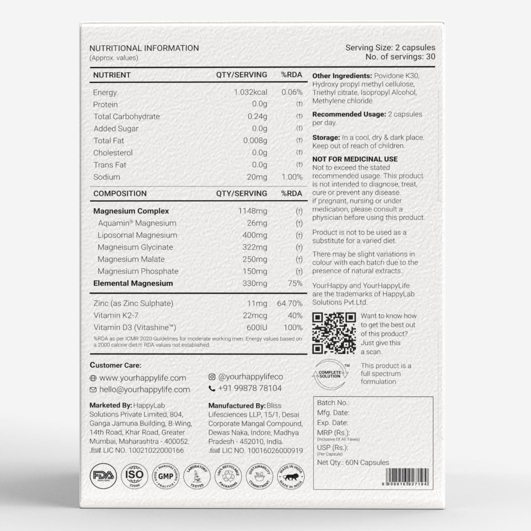 Yourhappylife Magnesium 5x Pro - 60 Capsules | Gink, recovery and stress relief pack 1 for K2 and sleep, with 5 forms of advanced time-relief magnesium supplement vitamin D3 Yourhappylife Magnesium 5x Pro - 60 Capsules | Gink, recovery and stress relief pack 1 for K2 and sleep, with 5 forms of advanced time-relief magnesium supplement vitamin D3