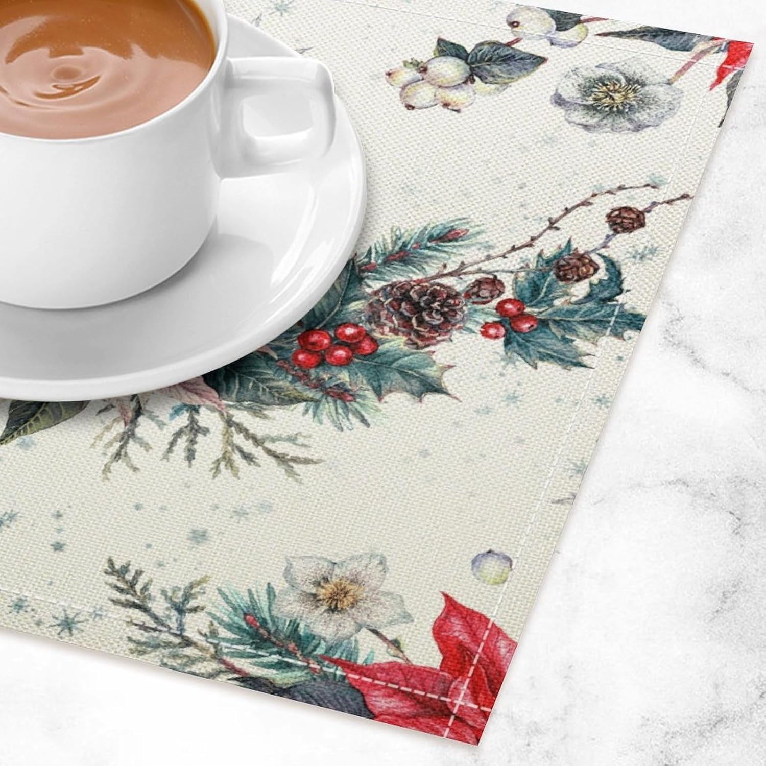Christmas Placemats Set of 8, 17x12 Inch Vintage Watercolor Winter Cardinal Birds Red White Poinsettia Table Mats for Home Party Kitchen Dining Decor