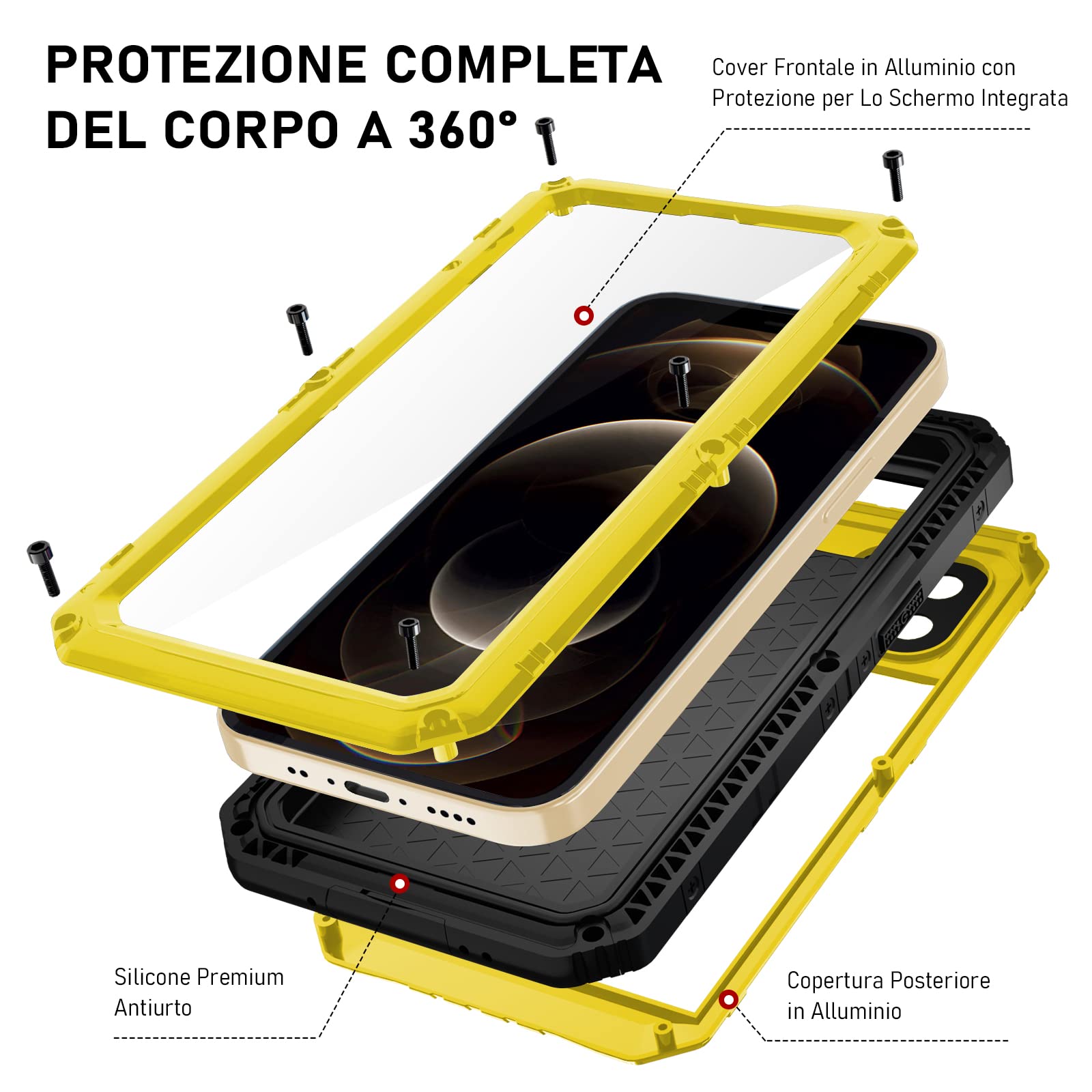 Beeasy Cover per iPhone 12 Pro IP68 Impermeabile Custodia Militare Antiurto Resistente 360° Metallo Armor Protezione Schermo Integrata Rugged Robusta Indistruttibile Subacquea Antipolvere Giallo