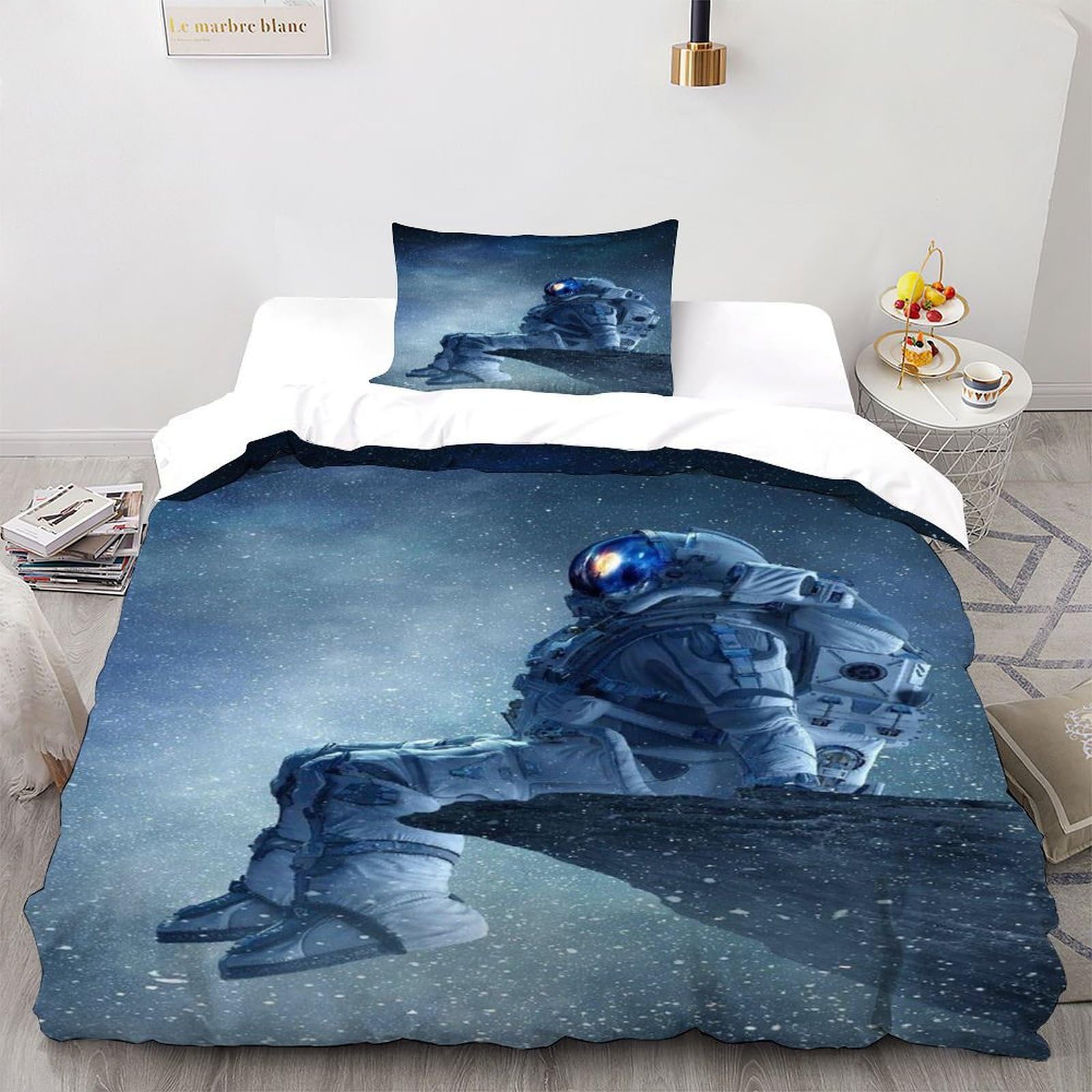 Housse de couette astronaute 135x200 ciel étoilé avec taie d'oreiller microfibre