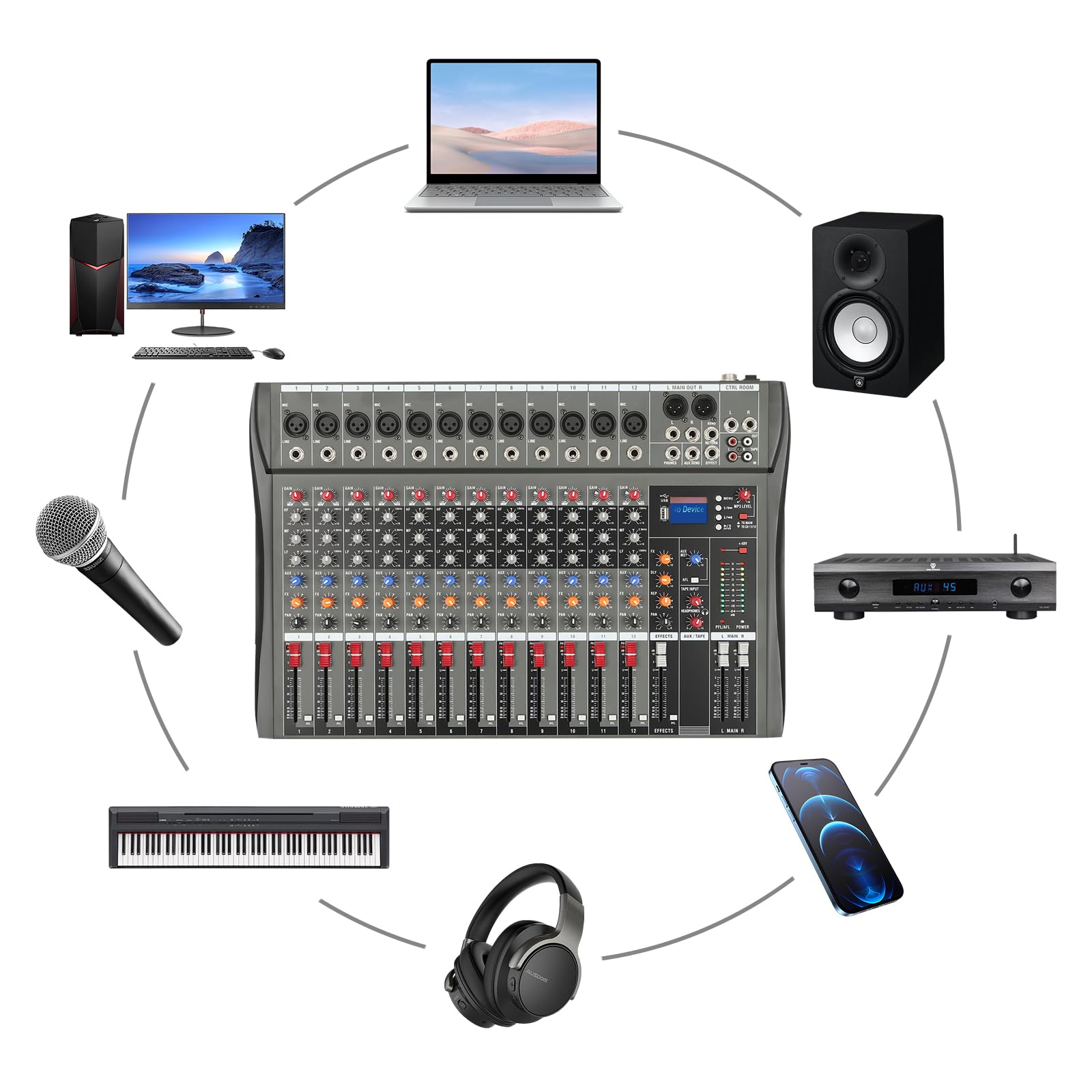 Console mixer audio USB professionale a 12 canali con connessione Bluetooth, alimentazione phantom 48V e equalizzatore a tre bande per musica ed eventi