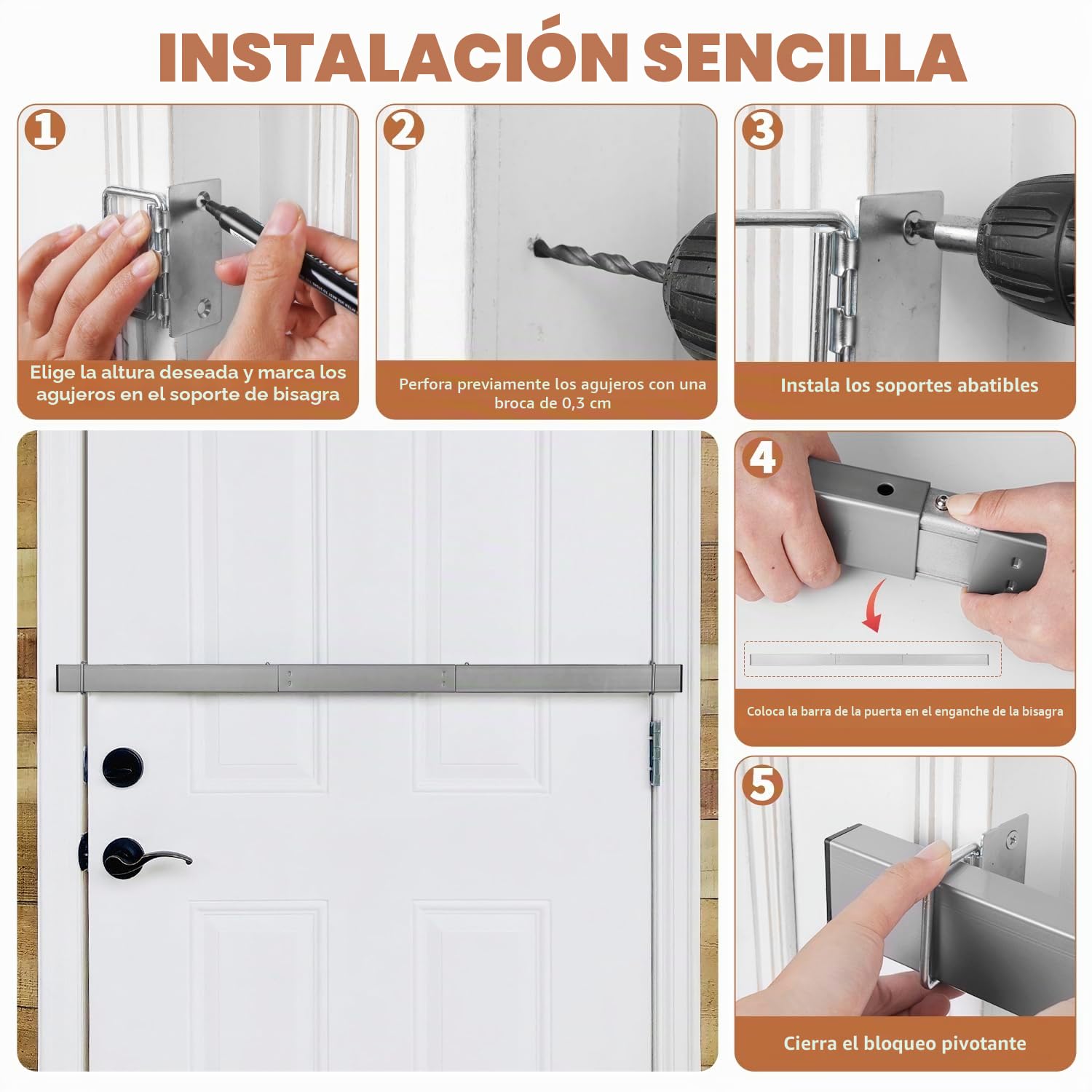 Kit de soportes de barricada de barra de seguridad para puerta, tope de puerta, dispositivos de seguridad de defensa del hogar para puerta delantera | Se adapta a puertas interiores/puertas delanteras, dispositivos de seguridad resistentes para apartament