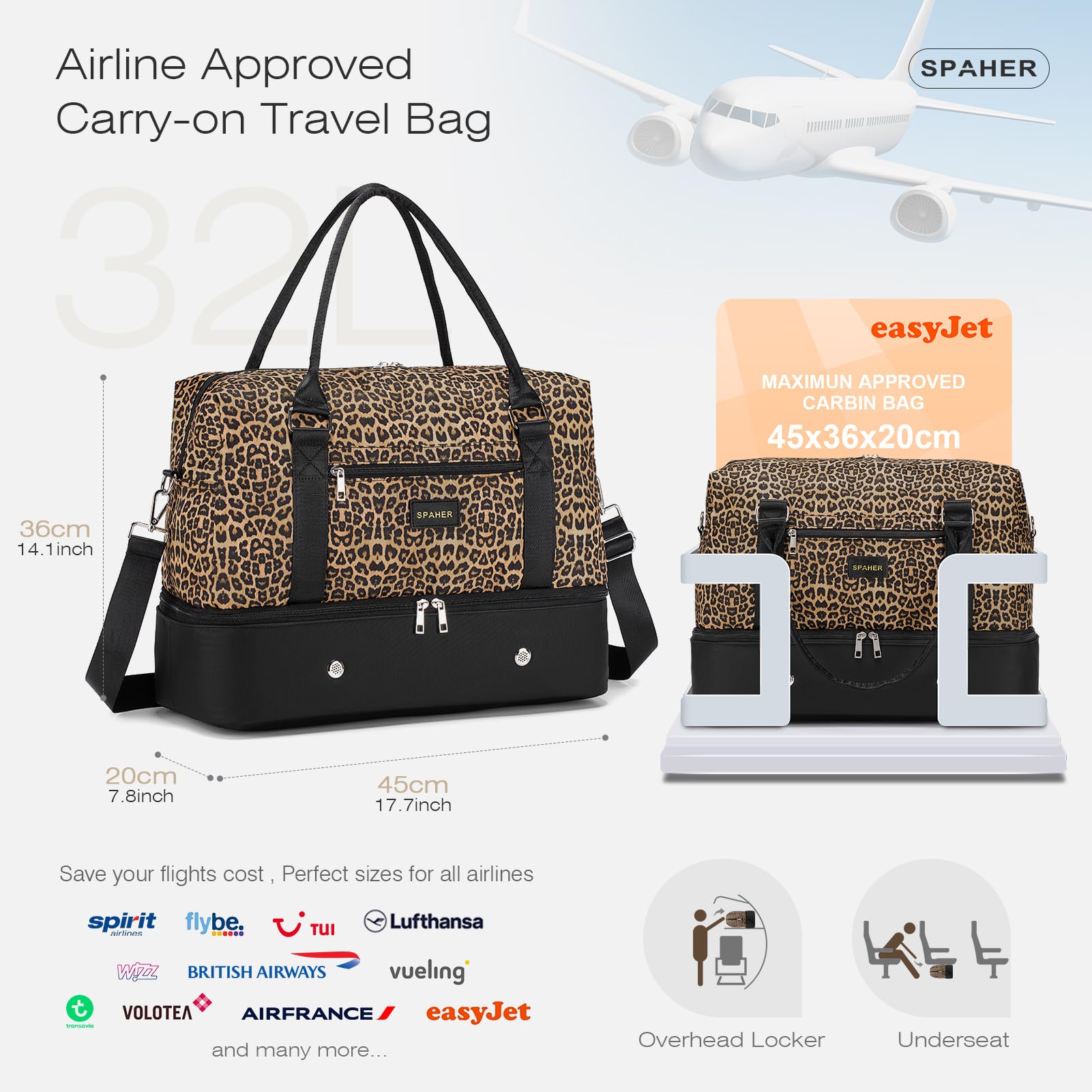 SPAHER Sac de Voyage Cabine Avion 45x36x20 Easyjet Bagage Cabine Sac de Sport Weekend Maternité Femme avec Compartiments Chaussures et Humide Imperméable 30L Bagage a Main avec Trousse de Toilette