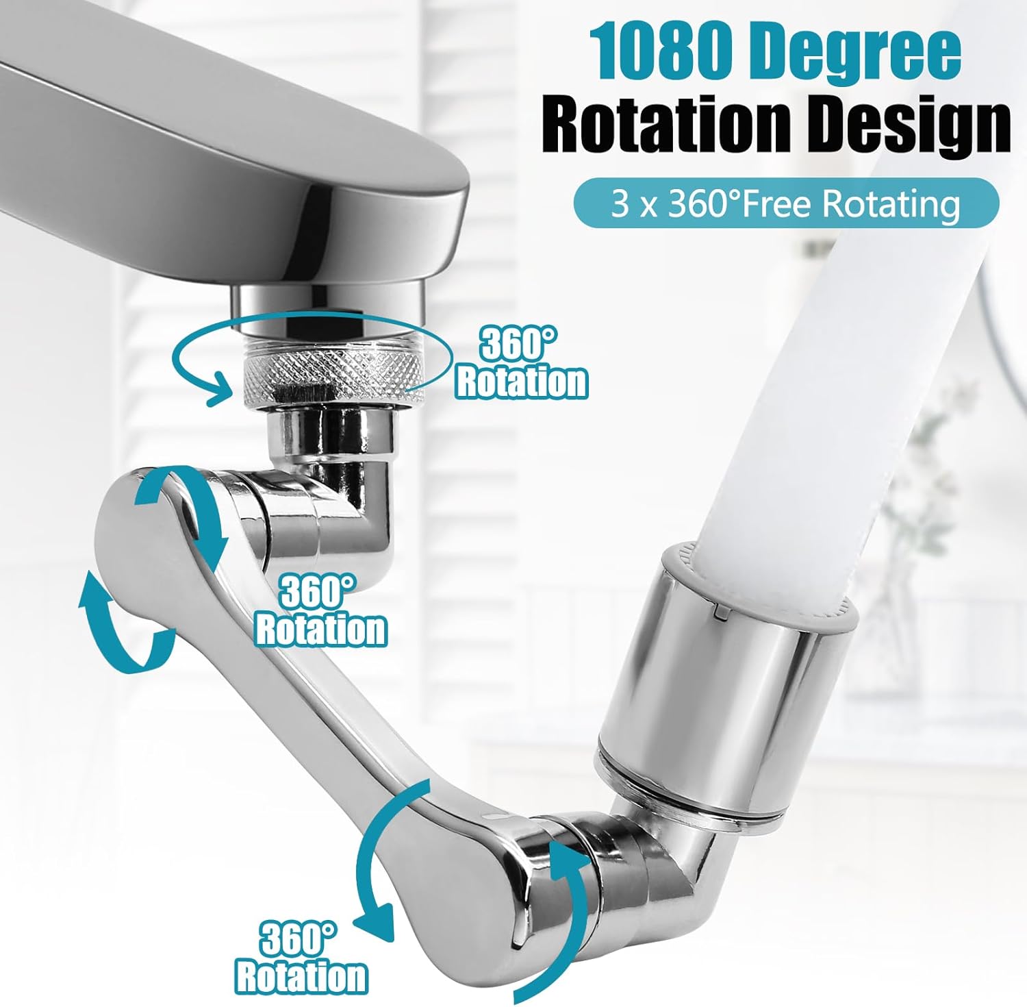 Biaungdo 1 Pack 1080° Swivel Faucet Extender, 2 Sprayer Modes Water Filter Extension, 360° Swivel Robotic Arm Faucet Aerator, Universal Multifunctional Sink Faucet Adapter for Kitchen & Bathroom