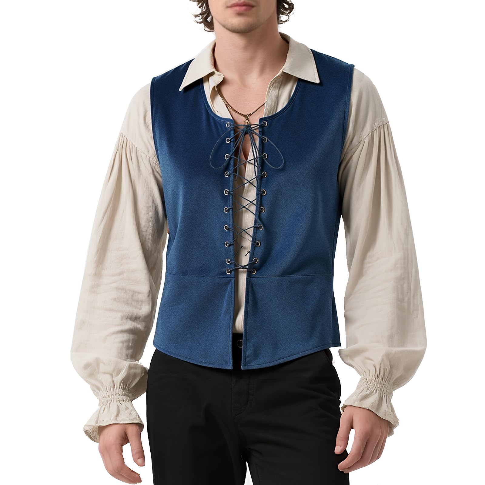 Tyuduo Men's Blue Medieval Renaissance Pirate Vest Gothic Steampunk Waistcoat For (, L)