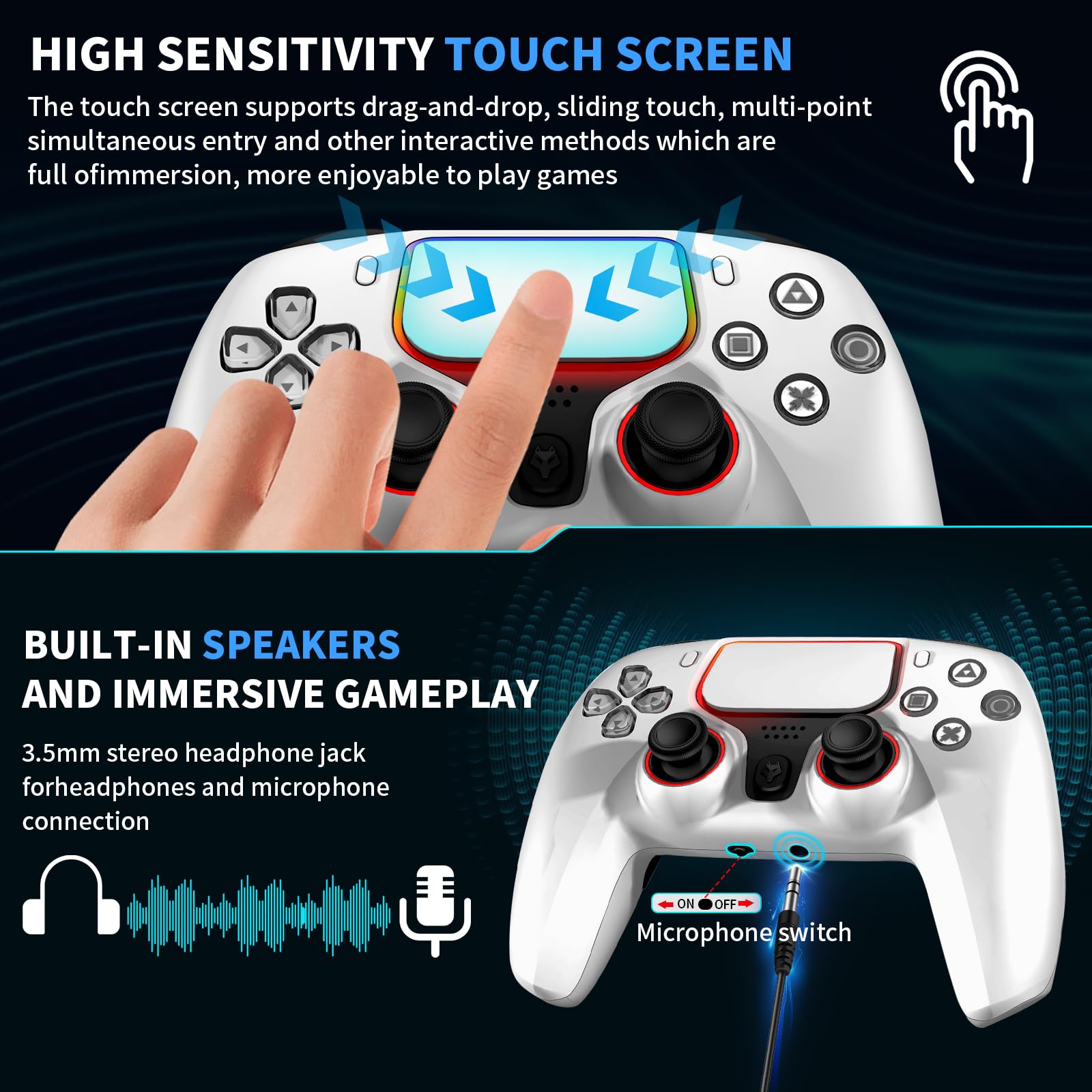 Wireless Controller for PS5, Compatible with PlayStation 5 /PS5 Pro/Slim/PC, with Hall Effect Joysticks, Back Paddles & Macro, Turbo, Dual Vibration, 6-Axis Gyro, RGB Ring, 1000mAh, 3.5mm Audio Jack