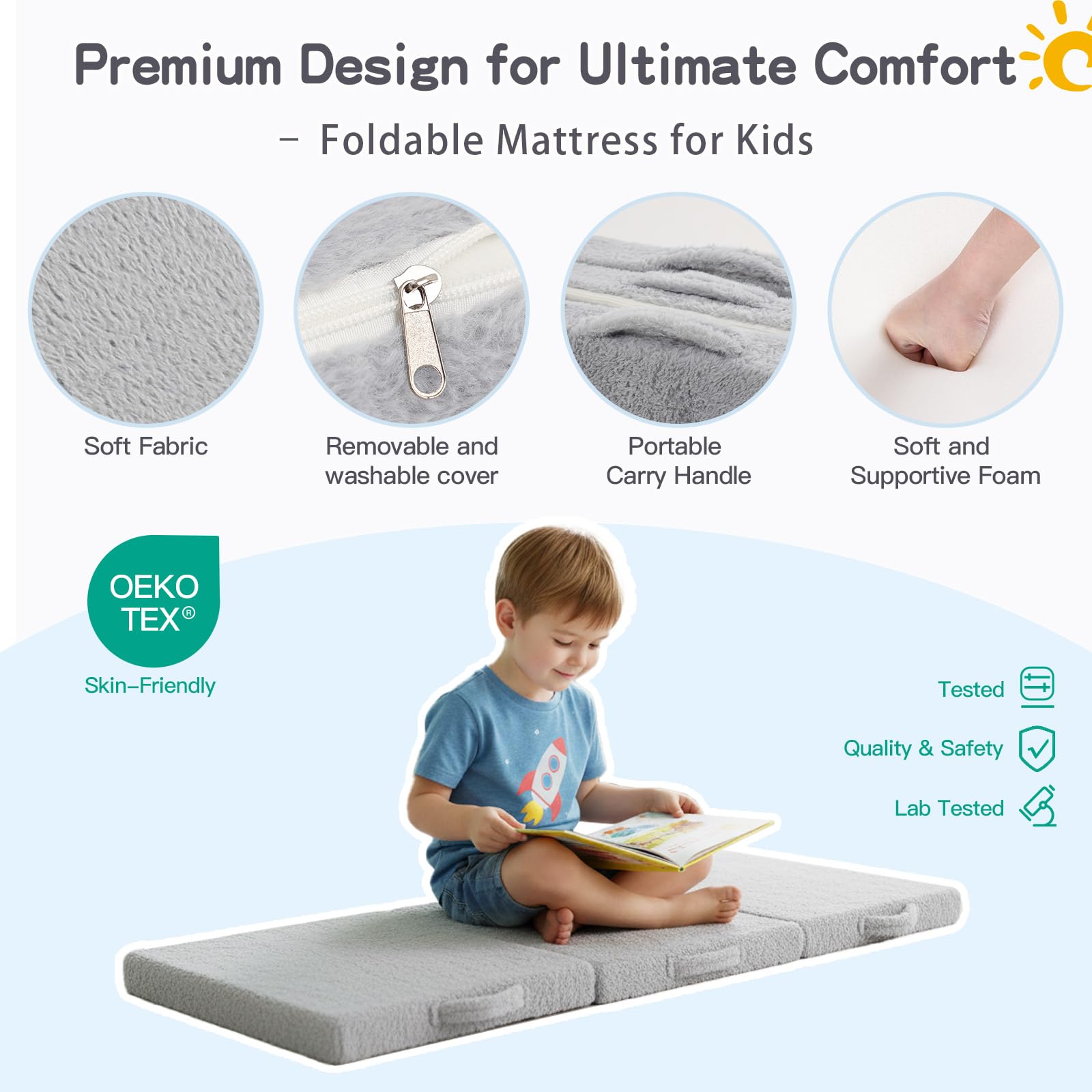 Tiita Matelas de sol à trois volets pour enfants, chaise pliante avec housse lavable en machine, tapis de sieste portable pour tout-petits avec sac de rangement pour filles et garçons