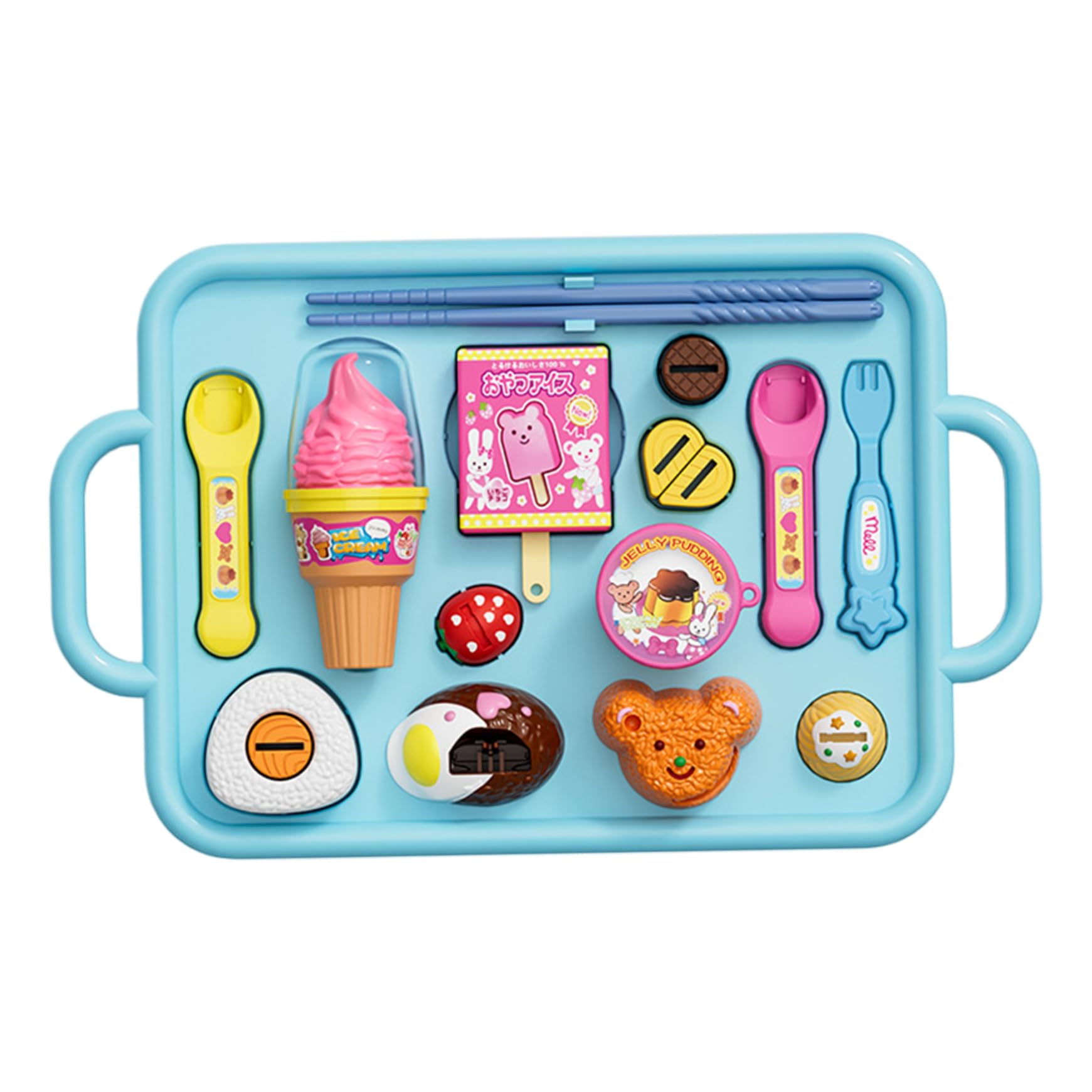 Tsawntd Pudding Toy 1 Set Feeding Japanese Pudding Toy with Spoon, Fork, Chopsticks, Ice Cream, Popsicle and Plate Pretend Play Kitchen Accessories for Boys Girls Blue, Play Food
