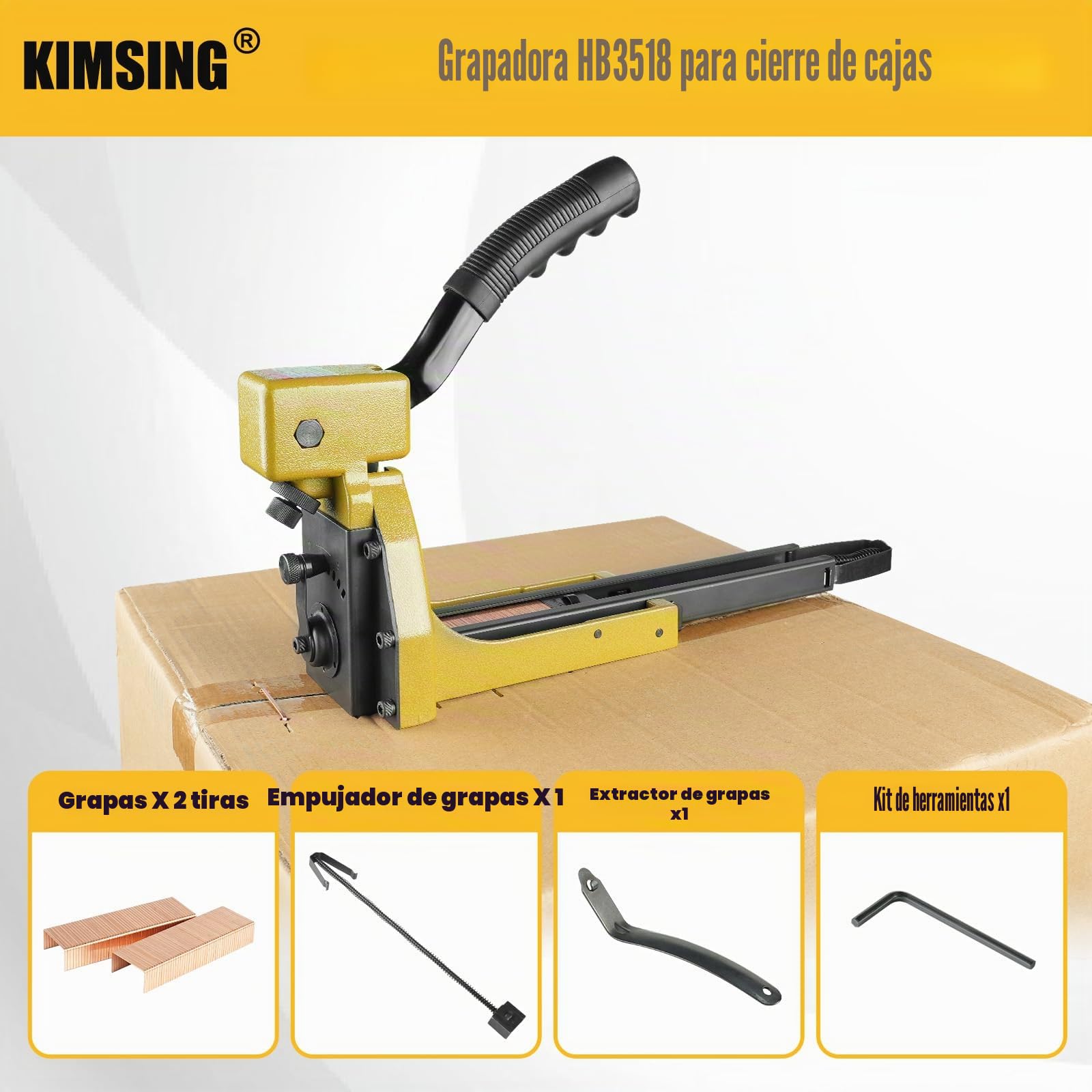 HB3518 Grapadora Manual para Cerrar Cajas de Cartón con Extractor de Grapas, Calibre 16, Corona de 34.7mm, Máquina de Grapar Cajas de Cartón para Plegado | Sin compresor, ligera en magnesio, profundidad ajustable para cartones, con extractor y empujador