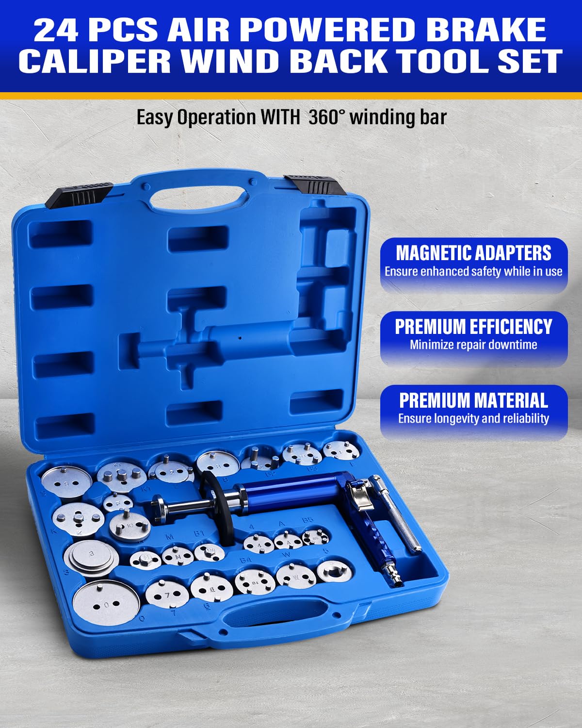 BOOMSTART Pneumatisches 24-TLG. Bremssattel-Kolbenrücksteller-Set Air-Powered Wind-Back Tool mit 23 Adaptern – Universal für Inlands- & Importfahrzeuge