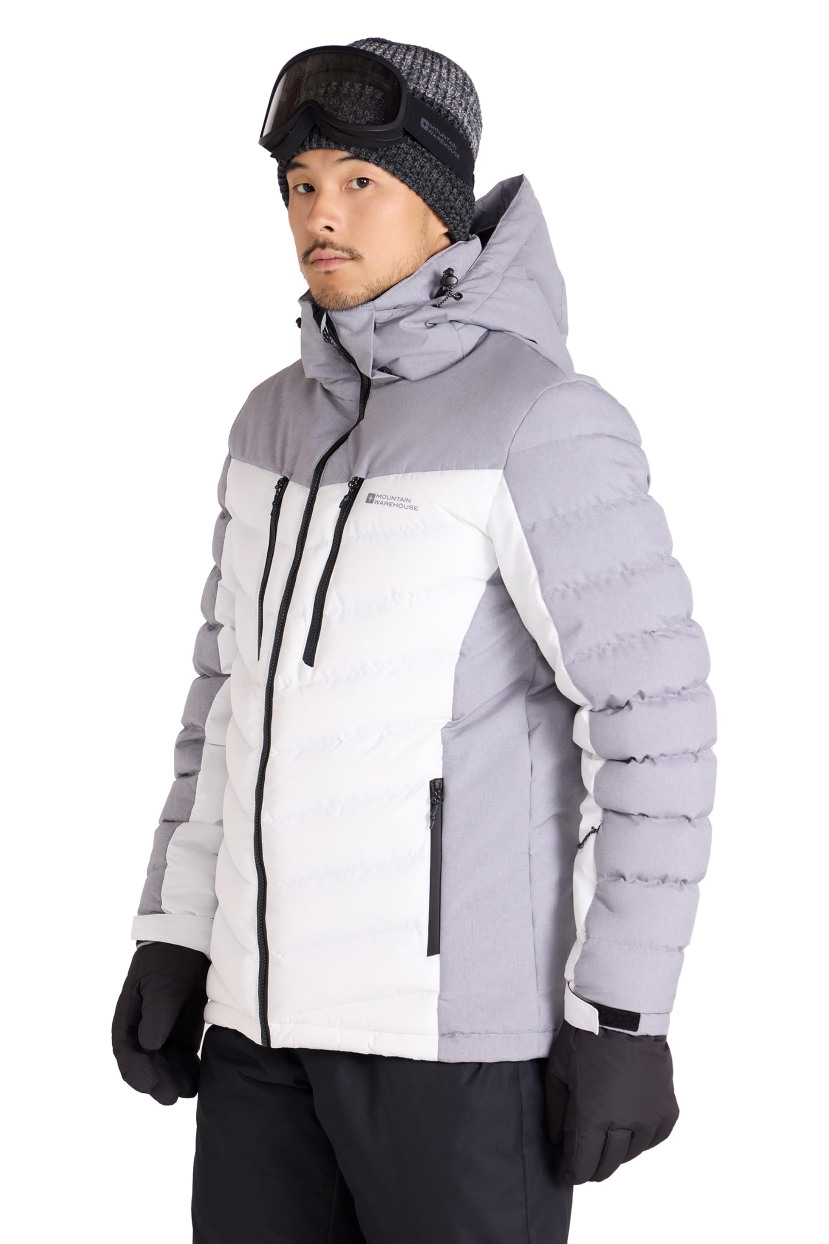 Mountain Warehouse Vulcan Mens Padded Ski Jacket - Snowproof & Breathable Coat with Padded Insulation, Detachable Hood & Snowskirt - For Winter Skiing & Winter Sports White XL