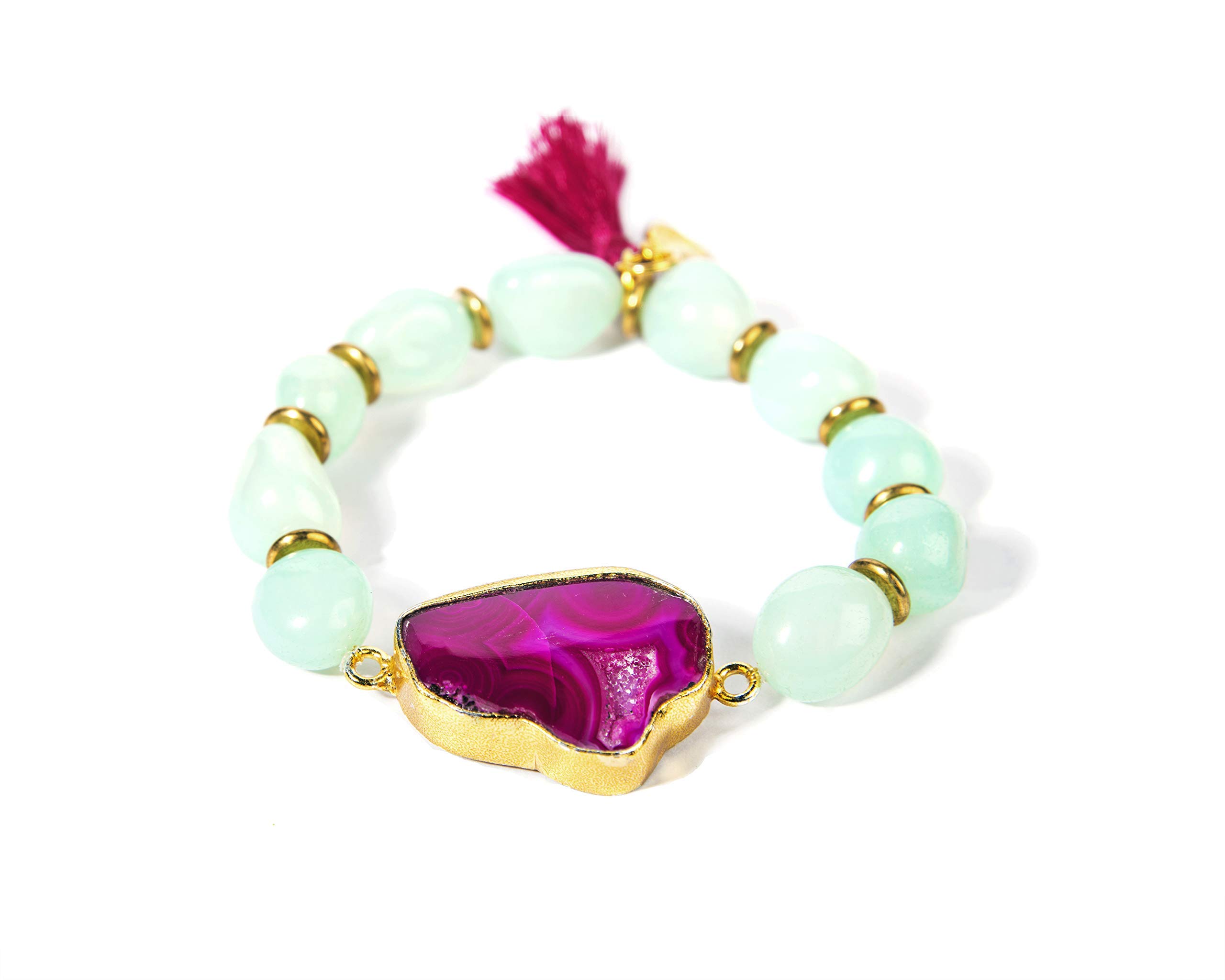 GemproGenuine Chalcedony Gemstone and Pink Druzy Stretchable Charm Bracelet Women
