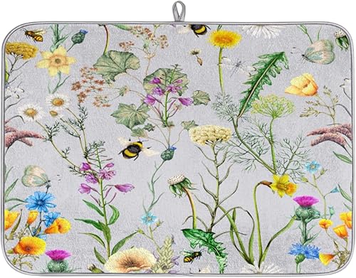 Tapete de secado de platos de flores, tapete de platos de abejas de primavera para encimera de cocina, almohadilla de secado colorida, escurridor,
