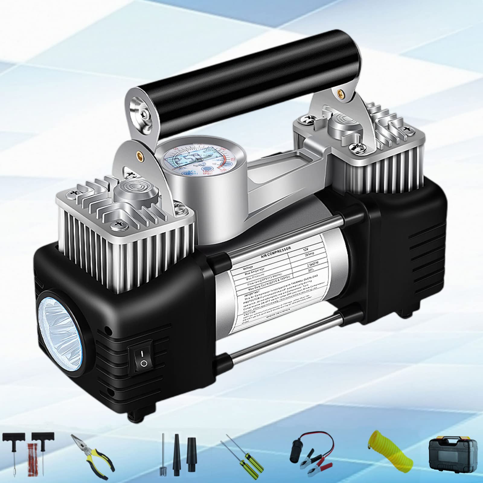 LFL Double Cylinder Air Compressor Tire Air Pump for Car Tires, Metal DC 12V Tire Pump Portable Tire Inflator with LED Light for Car,Bicycle,Balls etc