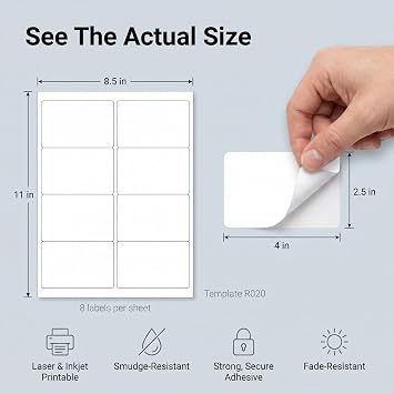 4 X 2.5 Matte White Printable Shipping Labels (30 Sheets, 240 Stickers) | Address and Mailing Labels for Laser & Inkjet Printers - Spartan Industrial Template R020