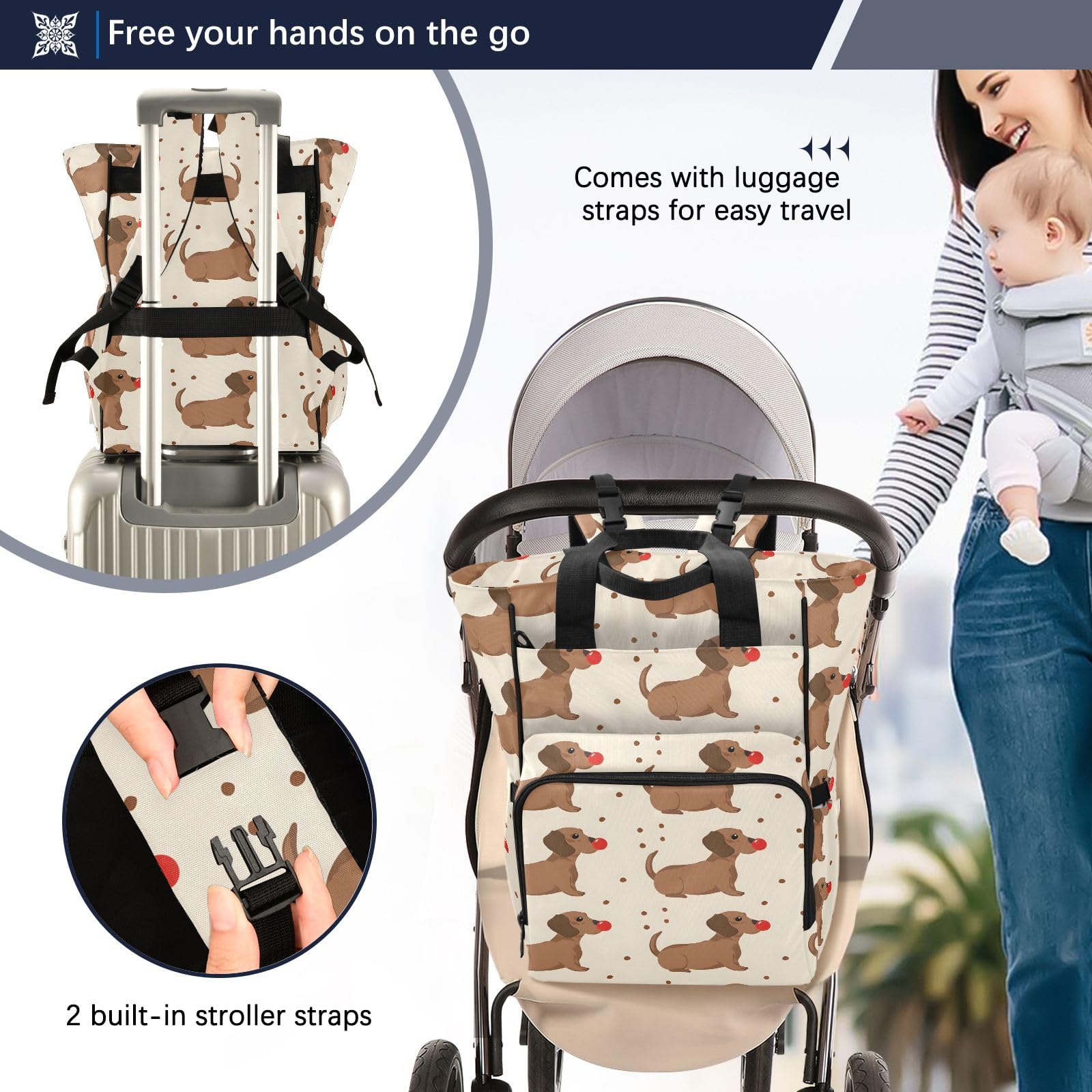 Mnsruu Borsa per pannolini per bambini bassotto zaino grande borsa impermeabile da viaggio borse per pannolini per mamme e papà