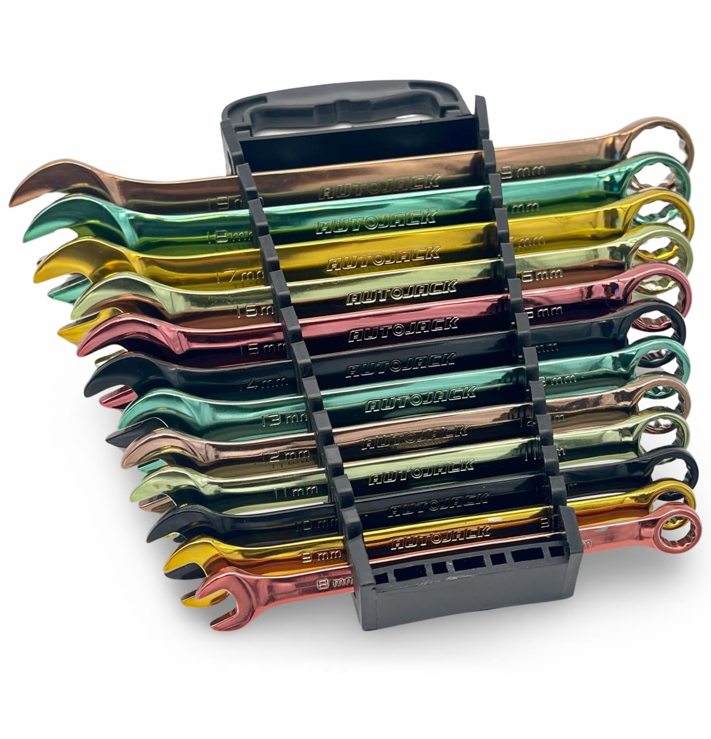Autojack 12 Piece Spanner Set, Multi Coloured Combination Wrench, 8mm - 19mm Metric Spanners High Torque Chrome Vanadium Steel