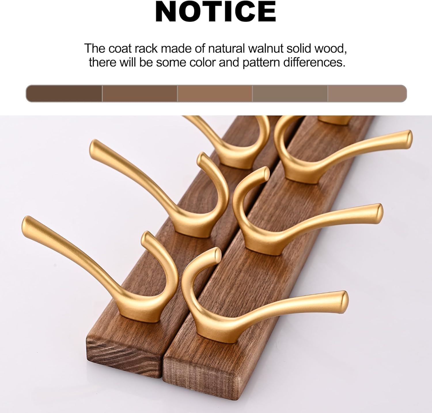 2 Pack 17.3" Walnut Wood Coat Rack Wall Mount with 5 Hooks, Heavy Duty Wooden Jacket Hanger Door Mounted for Decorative Entryway Bathroom Hanging Towel Backpack Purse Hat Key Satin Gold