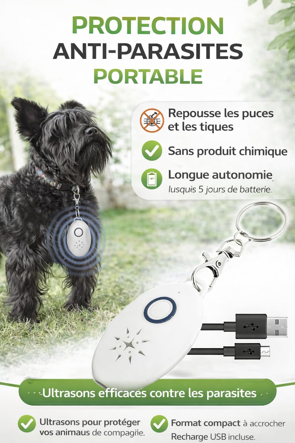 Répulsif Anti-nuisible Ultrasons Portable, Rechargeable USB, portée 3 m, sans Produits Chimiques, Protection Puces Tiques Moustiques, Animaux domestiques Chiens Chats, Anti-Moustique - 1 unité
