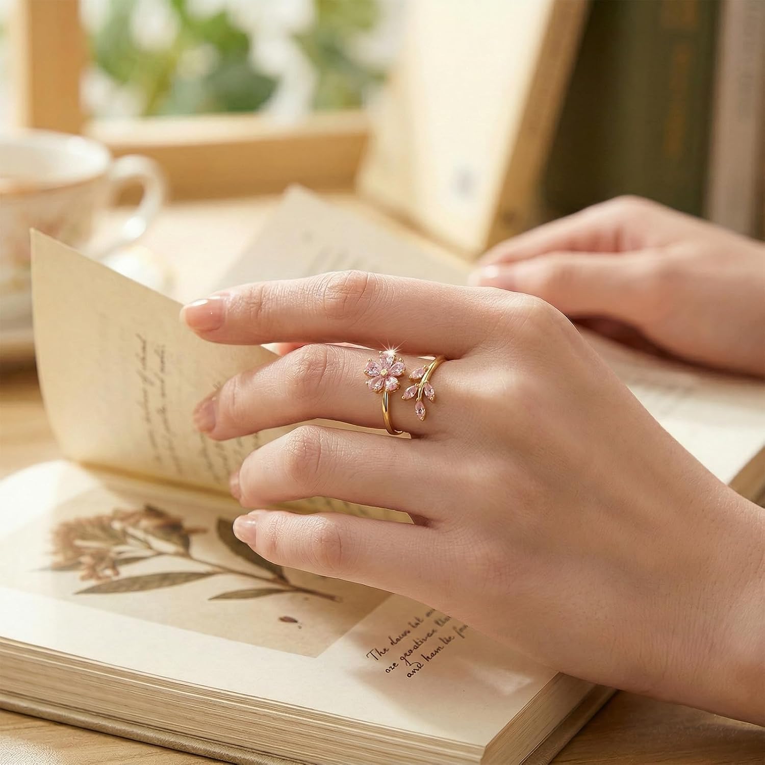 Flower Leaf Wrap Finger Ring for Women,Delicate Pink Crystal Floral Statement Open Ring,Adjustable Promise Engagement,Trendy Irregular Flower Accessories,Prom Jewelry Accessory