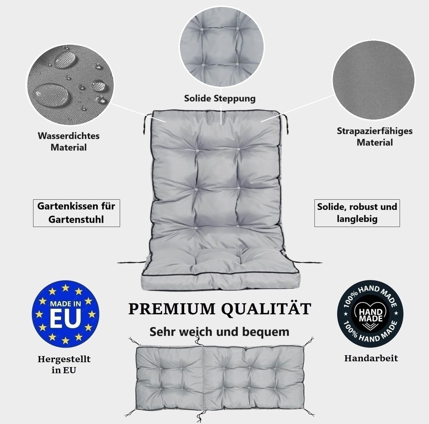 Auflage Hochlehner Gartenstuhlkissen Sitzkissen 50 x 50 x 80 cm Sitzpolster für Stühle mit Hoher Lehne Bindebändern Gesteppt