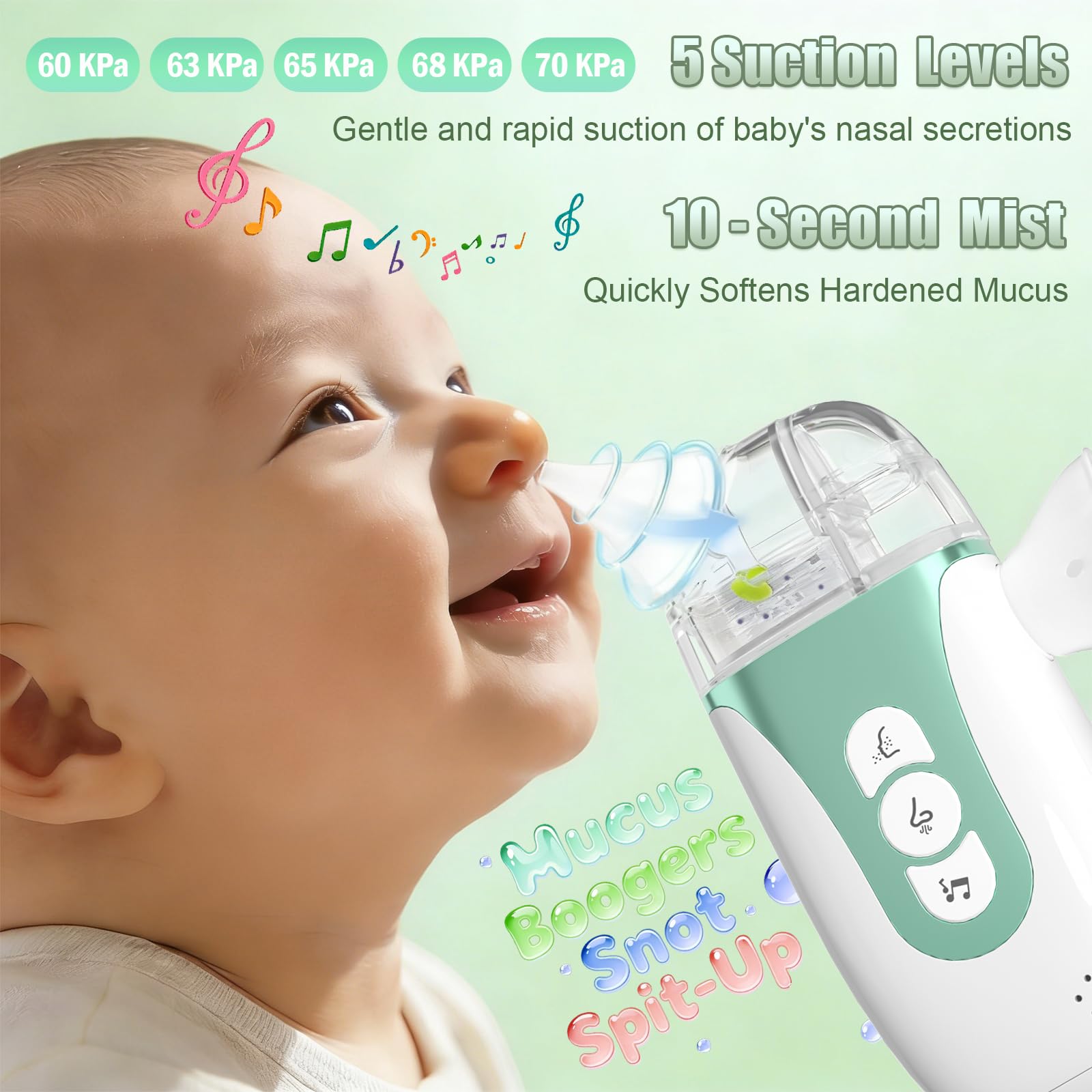 Smart Baby - Aspirador nasal eléctrico 2 en 1 para niños pequeños con aerosol, succión de 5 niveles, música relajante, 2 puntas de silicona, carga USB-C, estuche de almacenamiento, aspirador nasal