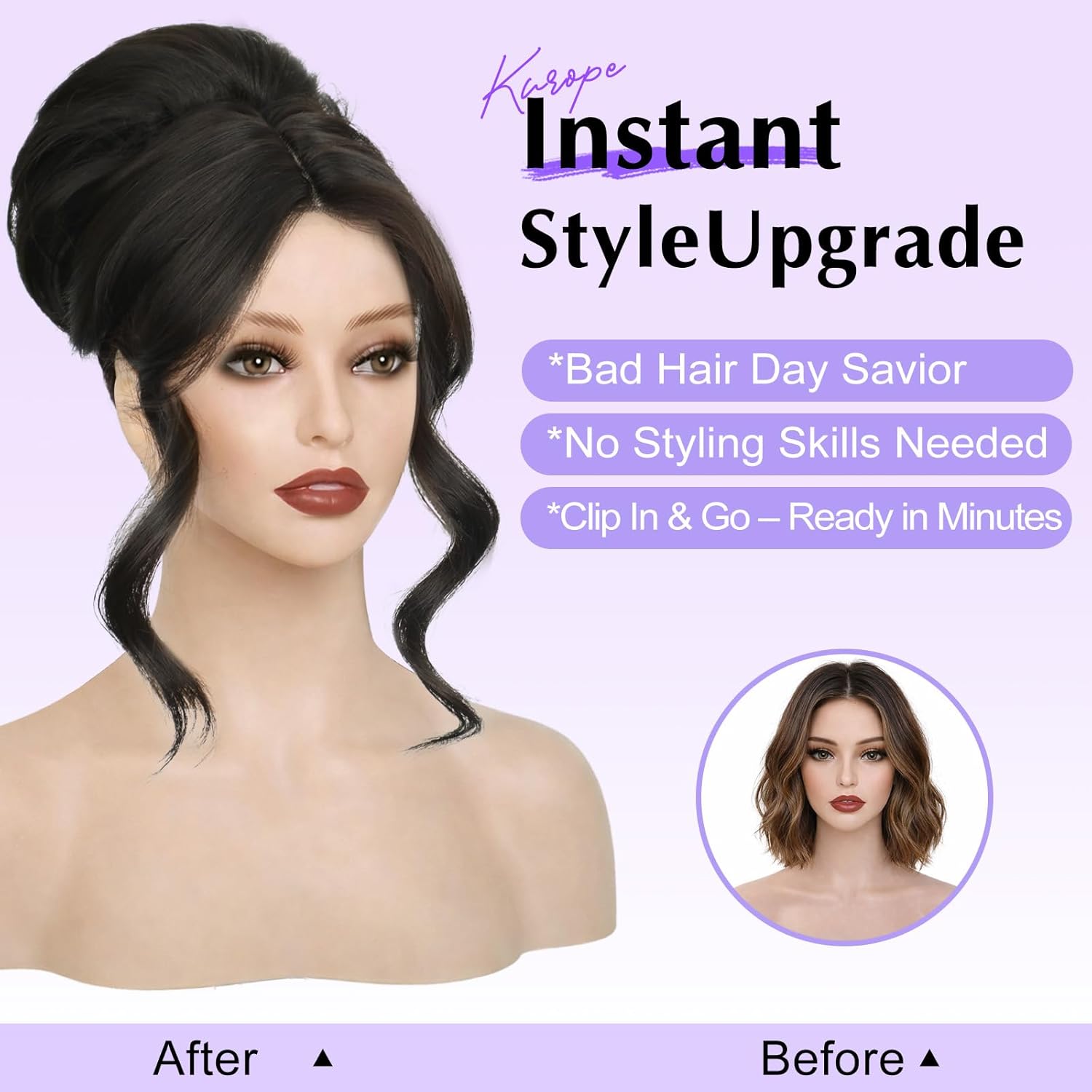 Black Brown 2-in-1 Messy Bun Hairpieces Ponytail Wig with Bangs Drawstring Ponytail Updo Wig Synthetic Hairpieces for Women Hair Topper with Lace Side Bangs Natural Looking Lightweight