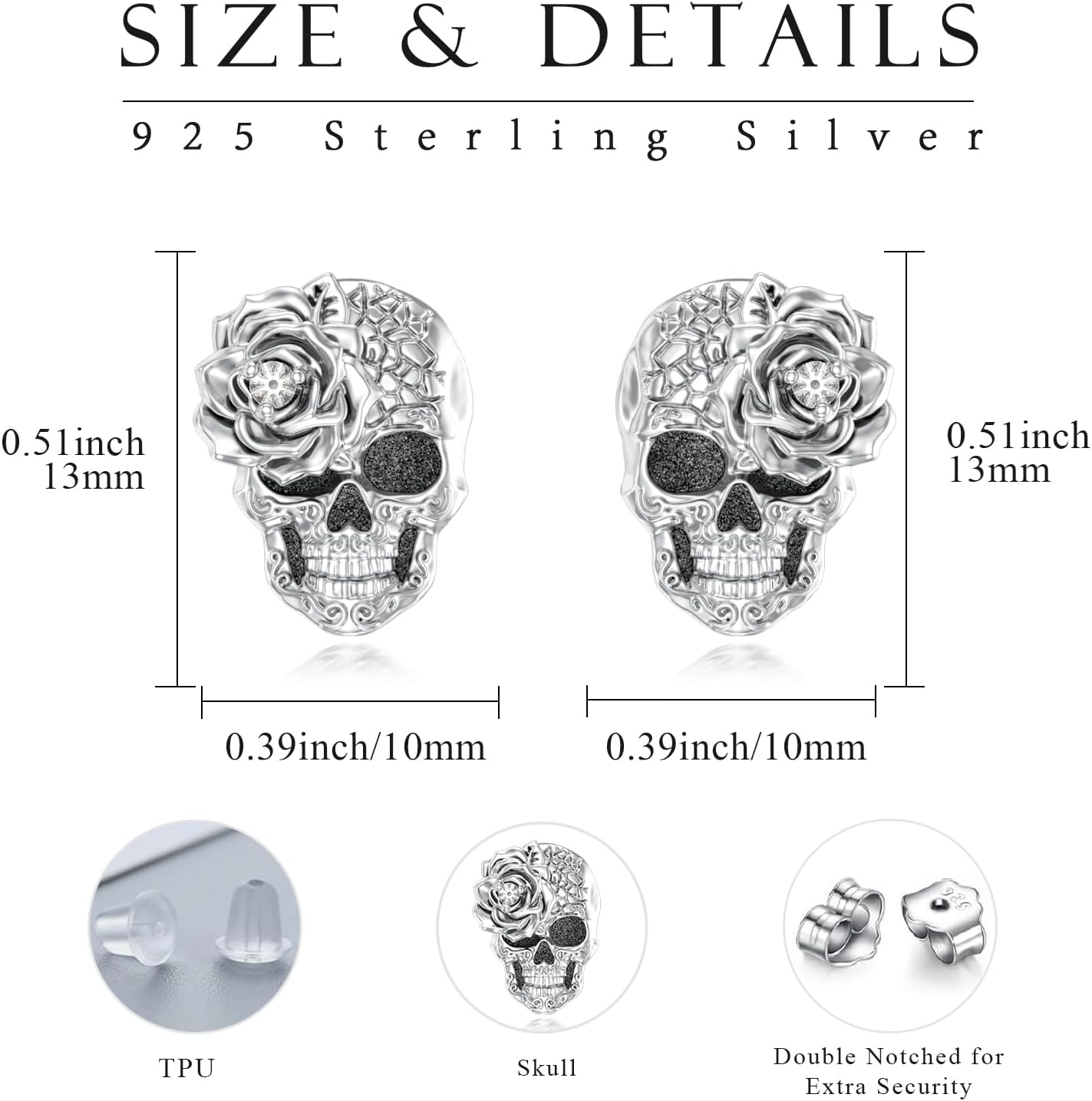 Skull Earrings Studs 925 Sterling Silver Skeleton Earrings for Men Women Hypoallergenic Goth with Rose Jewelry Hallloween Party Cosplay - Image 2