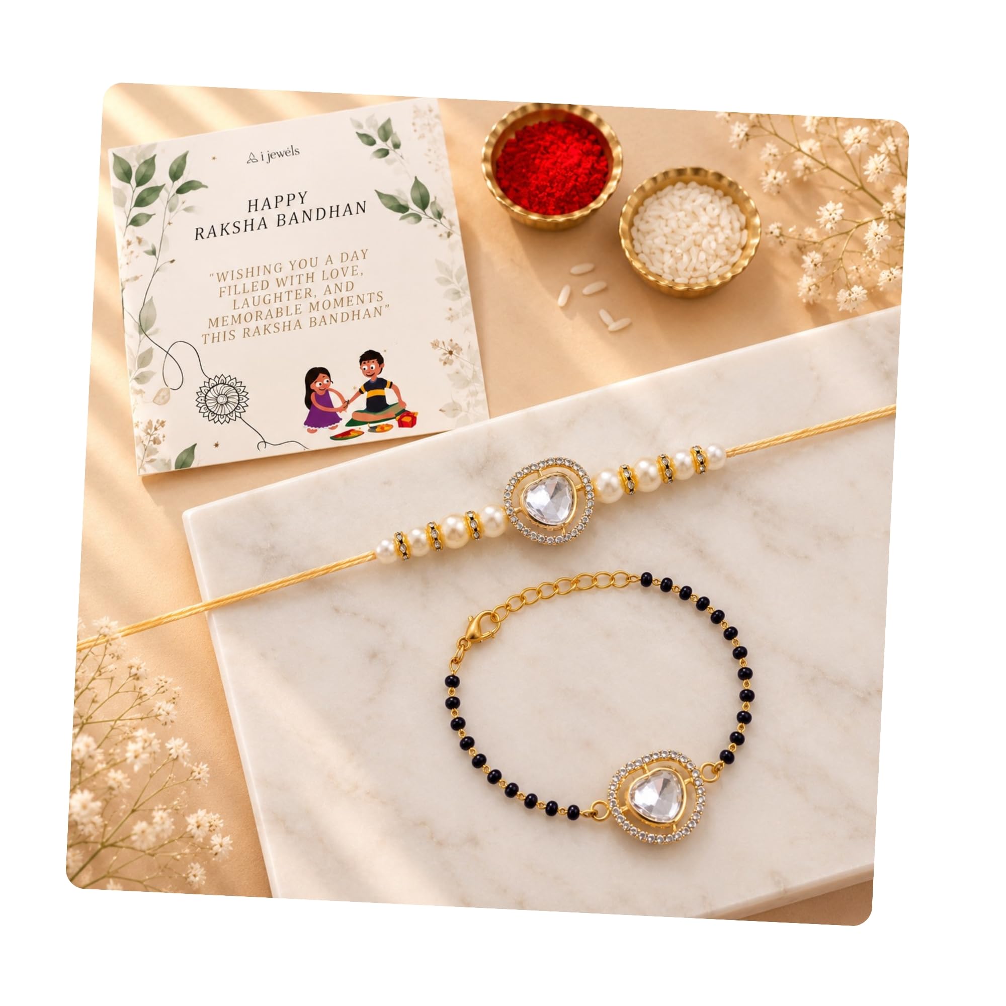 Elegant Kundan Stone Bhaiya Bhabhi Mangalsutra Bracelet Rakhi Set With Roli Chawal & Rakshabandhan Card For Brother/Bro/Men (R138-CO)-image-19
