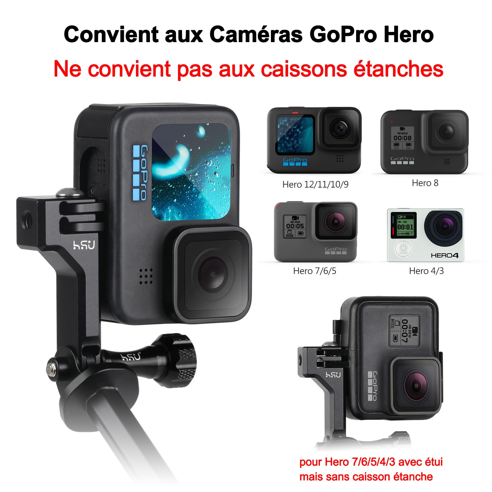 HSU Fixation Vertical pour GoPro, Adaptateur de Montage en Aluminium 90° pour Hero 12/11/10/9/8/7/6/5/4/3 Caméras d'action