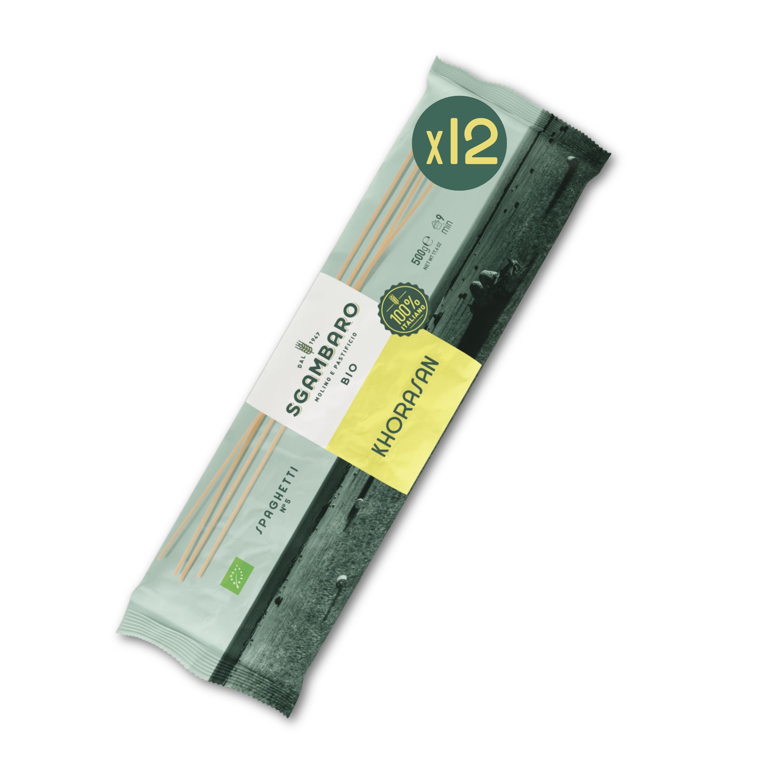 Sgambaro Bio Pasta Spaghetti N.5-12 x 500 g aus Khorasan-Weizen – Antiker, proteinreicher Weizen, 100% italienischer Anbau – Vielseitig in der Küche und nährstoffreich
