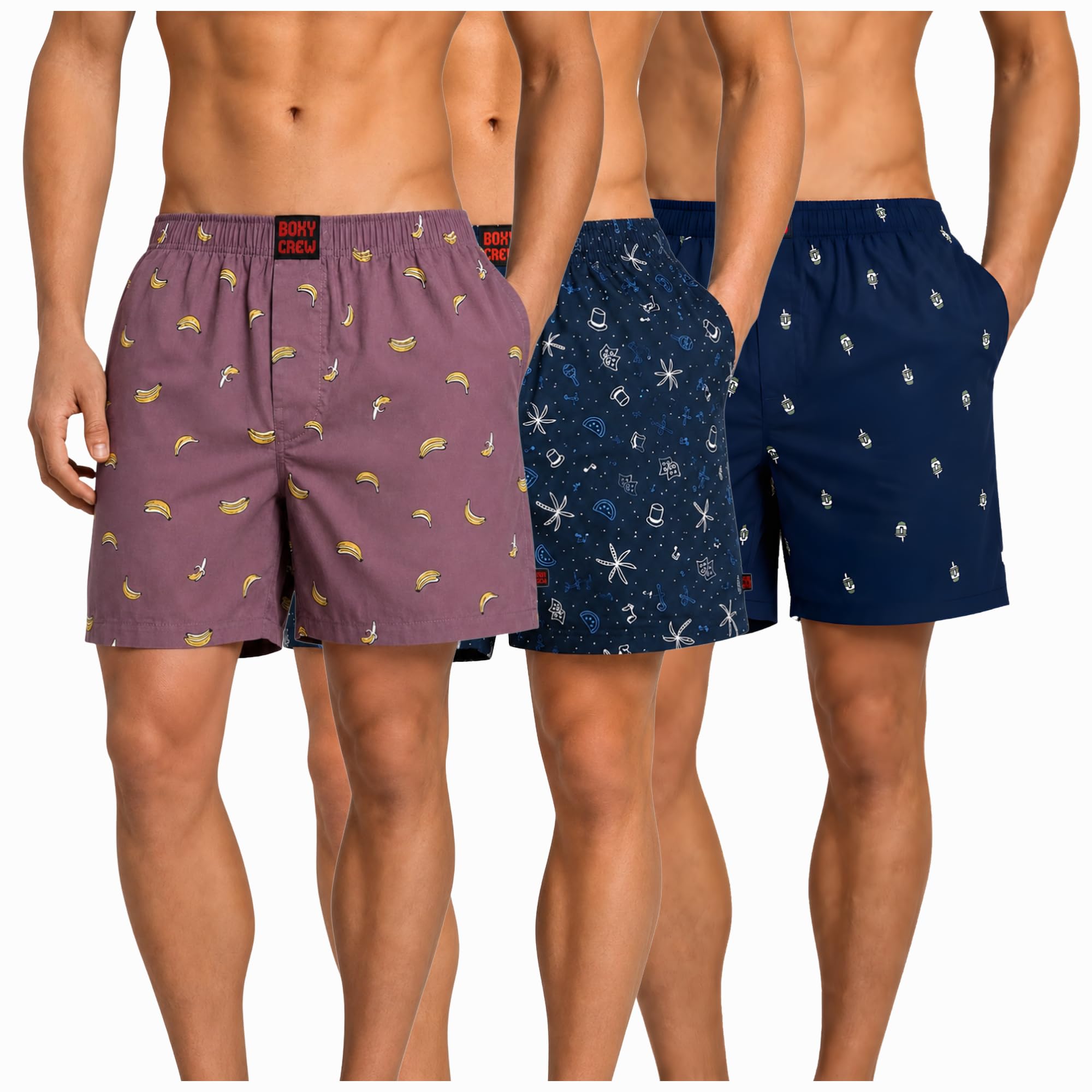 Men's 100% Cotton Boxer Shorts Pack of 3, Rose Pink, Navy Blue & Navy Blue | Woven Boxers with Side Pockets, No-Marks Elastic Waistband, Breathable Relaxed Fit | Style 006-007-011-image-34