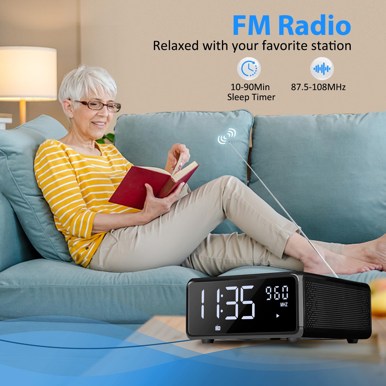 Gelielim Elegante reproductor de CD para el hogar, reloj despertador con carga inalámbrica, boombox Bluetooth con control remoto, radio FM (sin AM)/AUX/USB/temporizador/regulador, reproductor de CD