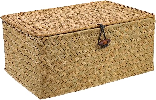 Cesta de almacenamiento de paja para niños, cubo de basura retro tejido con tapas, cesta de basura tejida de hierba marina, cesta de almacenamiento