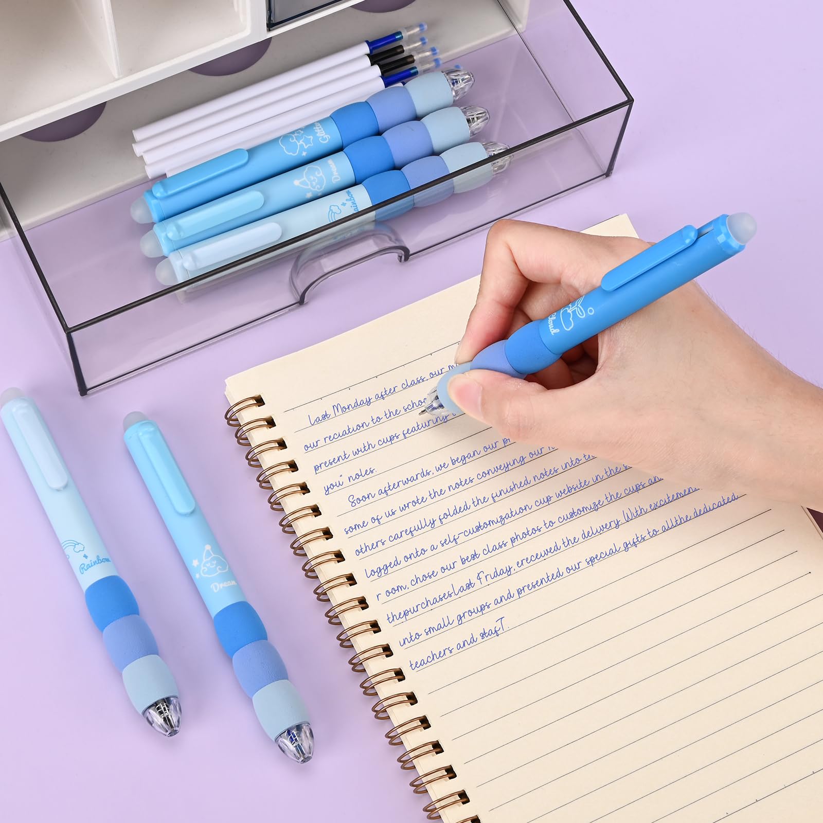 Temiary 18 penne gel cancellabili retrattili estetiche, fanno scomparire gli errori, 8 penne e 10 ricariche, penna per scrittura liscia a cartoni animati, penna a inchiostro nero e blu da 0,5 mm,