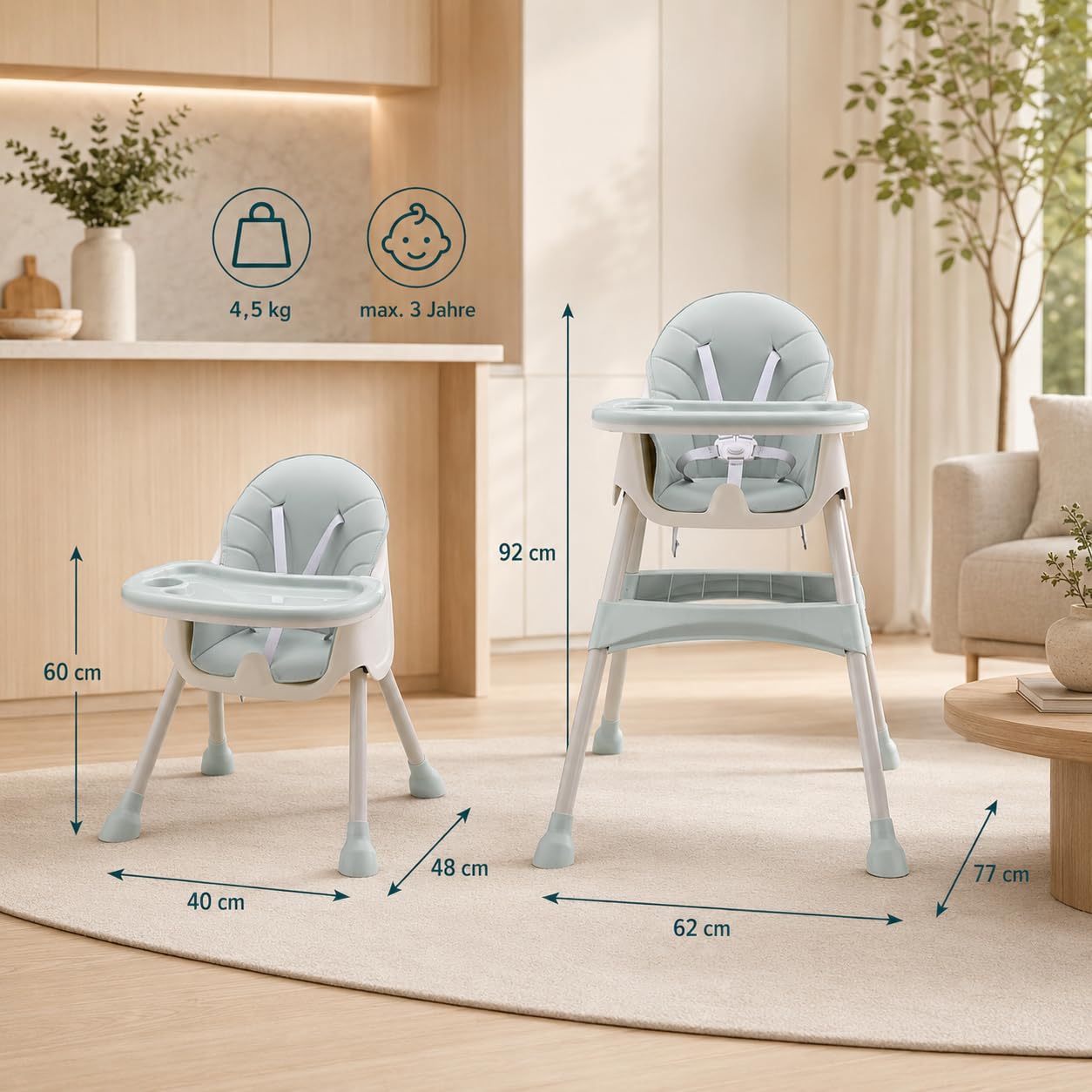 Baby Vivo Hochstuhl 2in1 Baby Kinder Babyhochstuhl Kombihochstuhl - Abnehmbares Verstellbares Tablett - mit Hängekorb - Oscar in Türkis