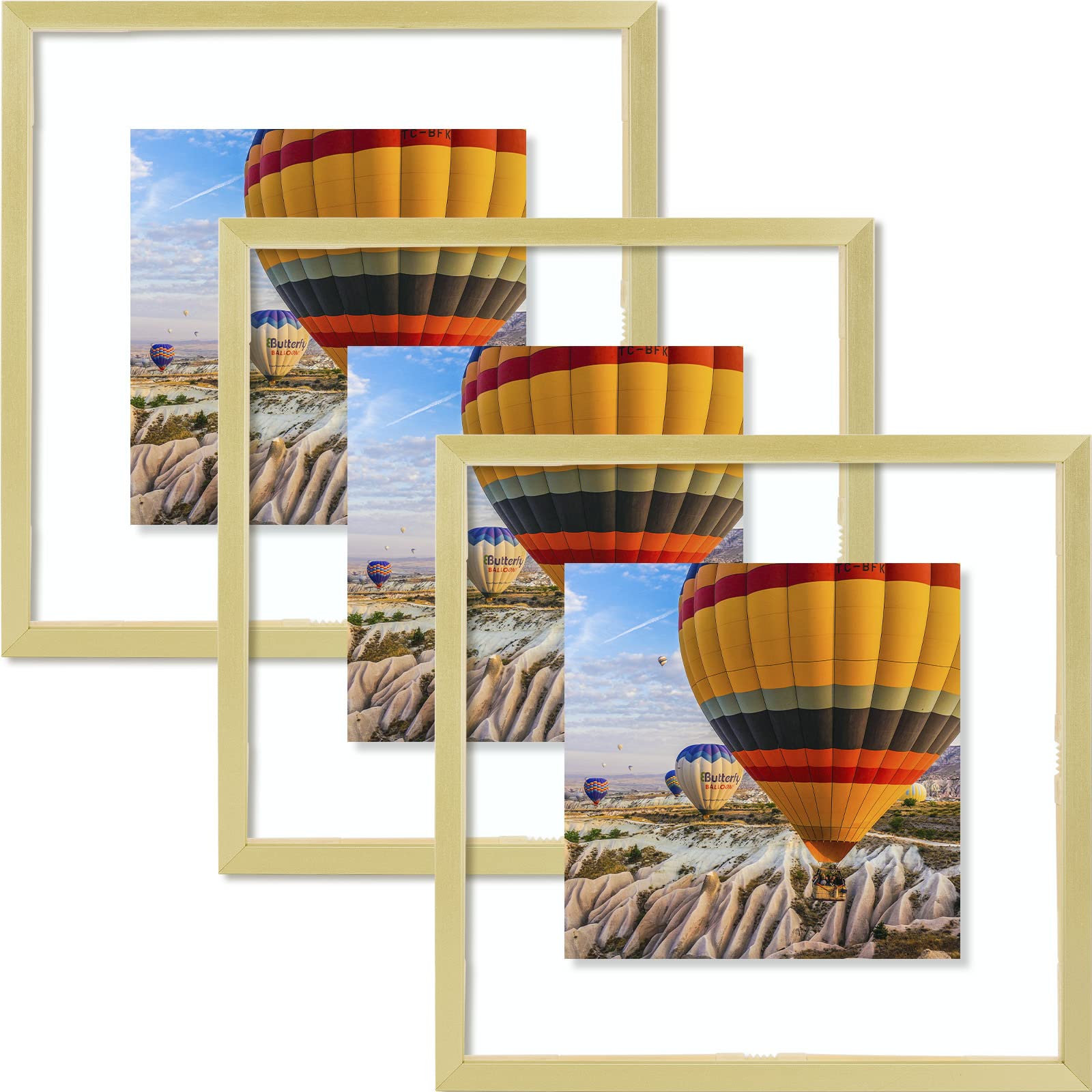 Golden State Art8x8 Floating Picture Frame Aluminum, Tempered Clear Glass Displays Any Size Photo Up to 8 x 8, for Home or Gallery Decoration (Gold, 3 Pack)