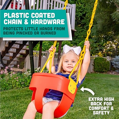 Miniatura 12 de Asiento de columpio para niños pequeños con respaldo alto y agarre para los dedos, cadenas recubiertas de plástico y mosquetones para una fácil Rosa