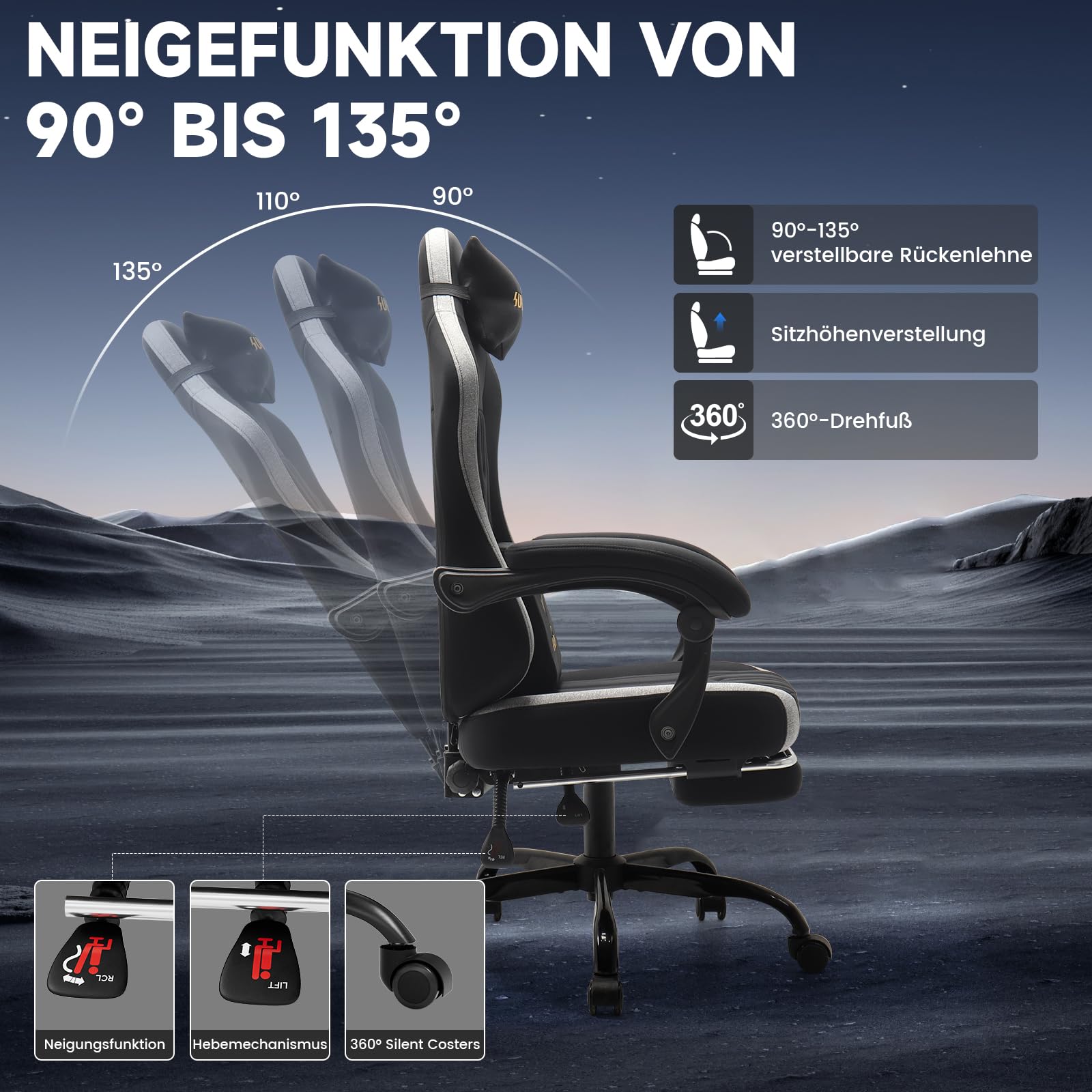 Gaming Stuhl Ergonomischer Elastischer Stretchstoff, Gaming Chair mit Fußstütze Kopfstütze Lendenkissen, Höhenverstellbarer Schreibtischstuhl Neigbar, Bürostuhl für Gaming und Homeoffice,Schwarz